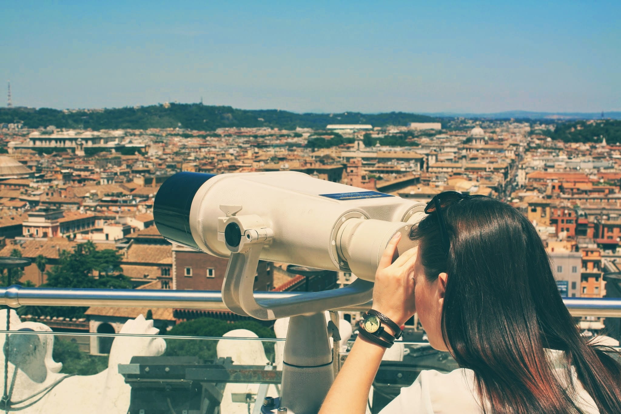 europe, roofs, city, building, famous, ancient, one person, panoramic, urban, architecture, coin-operated binoculars, young adult, built structure, horizon, HD Wallpaper