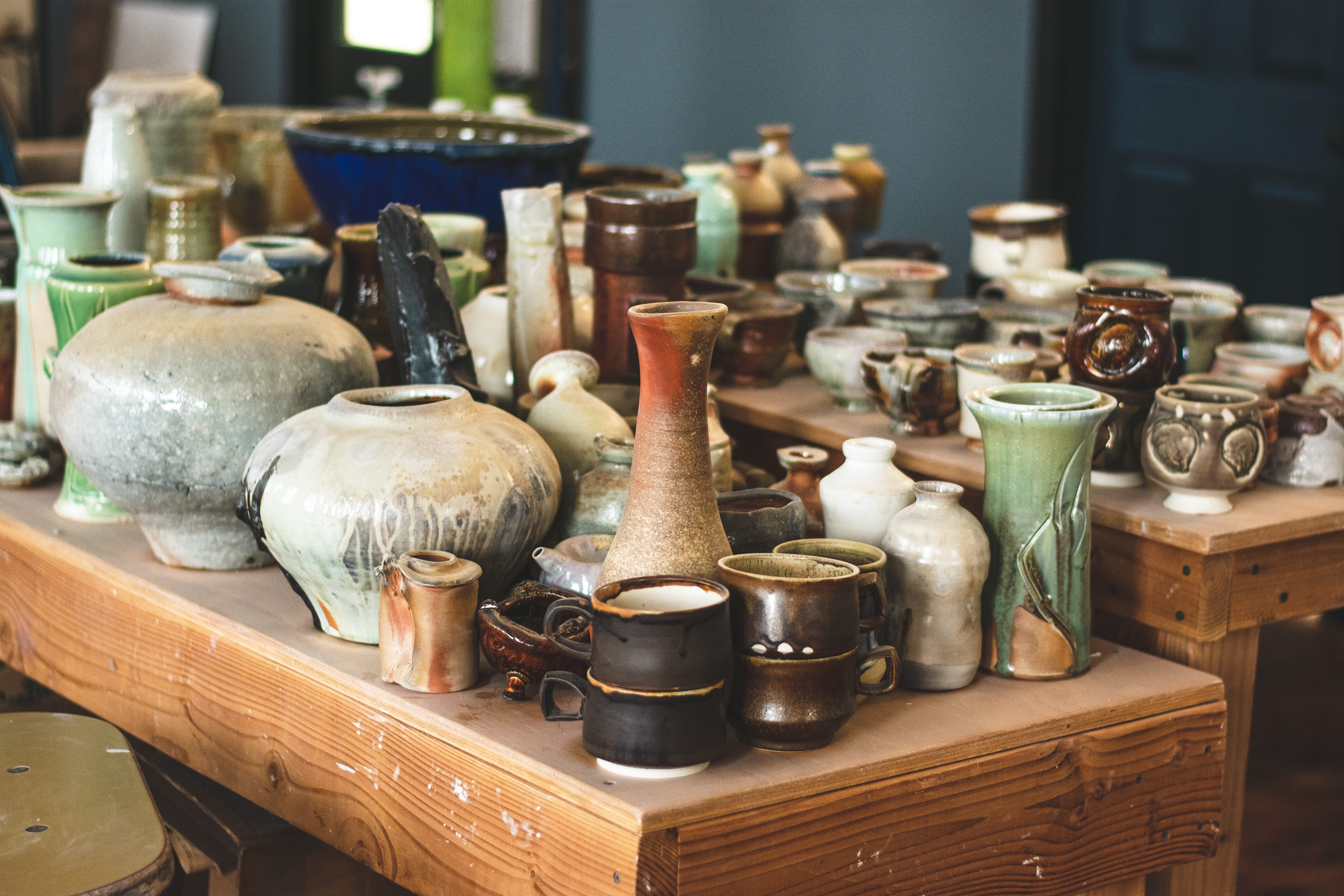 production, focus on foreground, handmade, 5K, container, clay, arts and crafts, indoors, arrangement, color, artisan, close-up, making, old, pot, large group of objects, HD Wallpaper