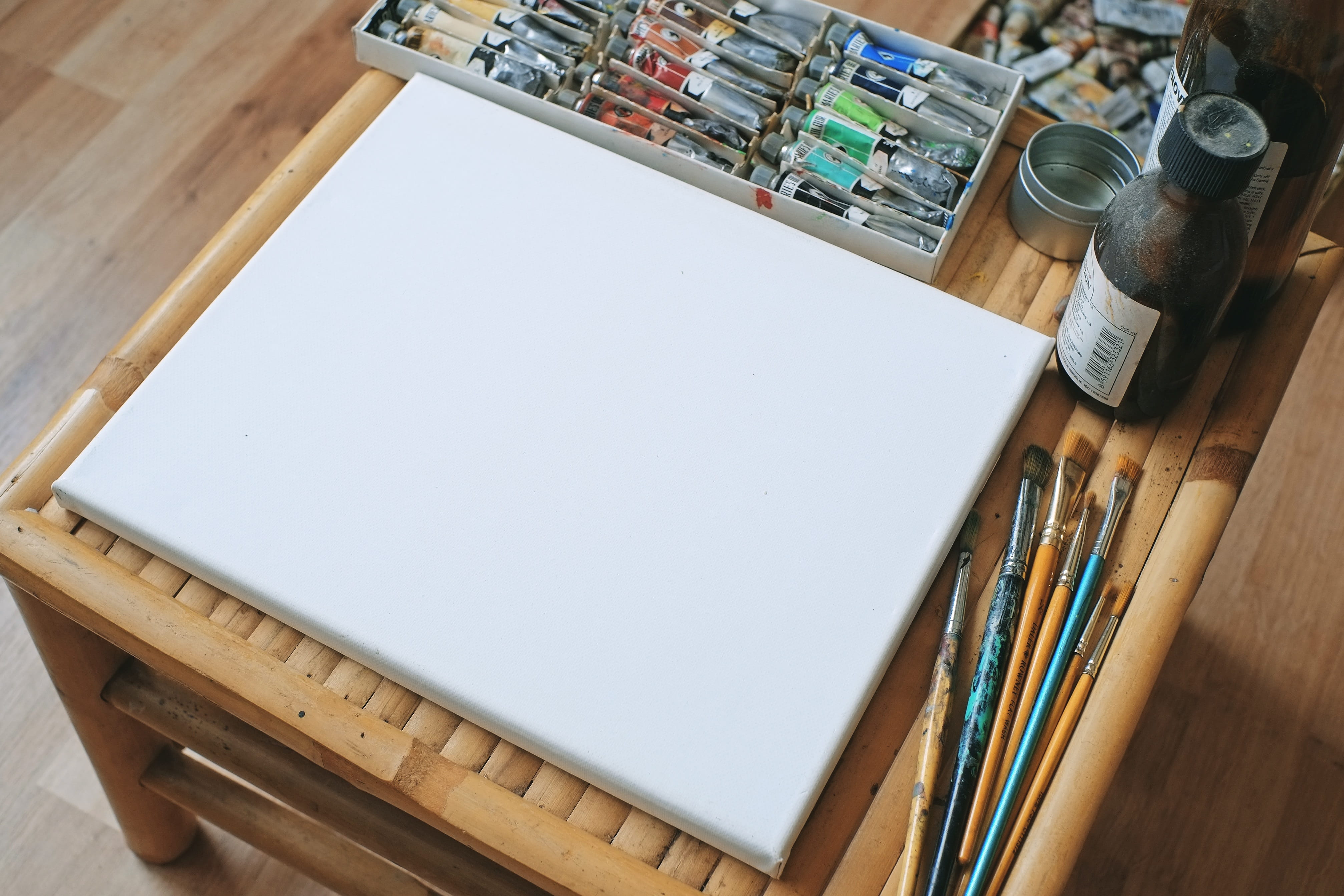 furniture, paint, table, frame, mock, set, 4K, white, canvas, copy space, creative, empty, book, craft, no people, hobby, pencil, material, oil, painting, HD Wallpaper