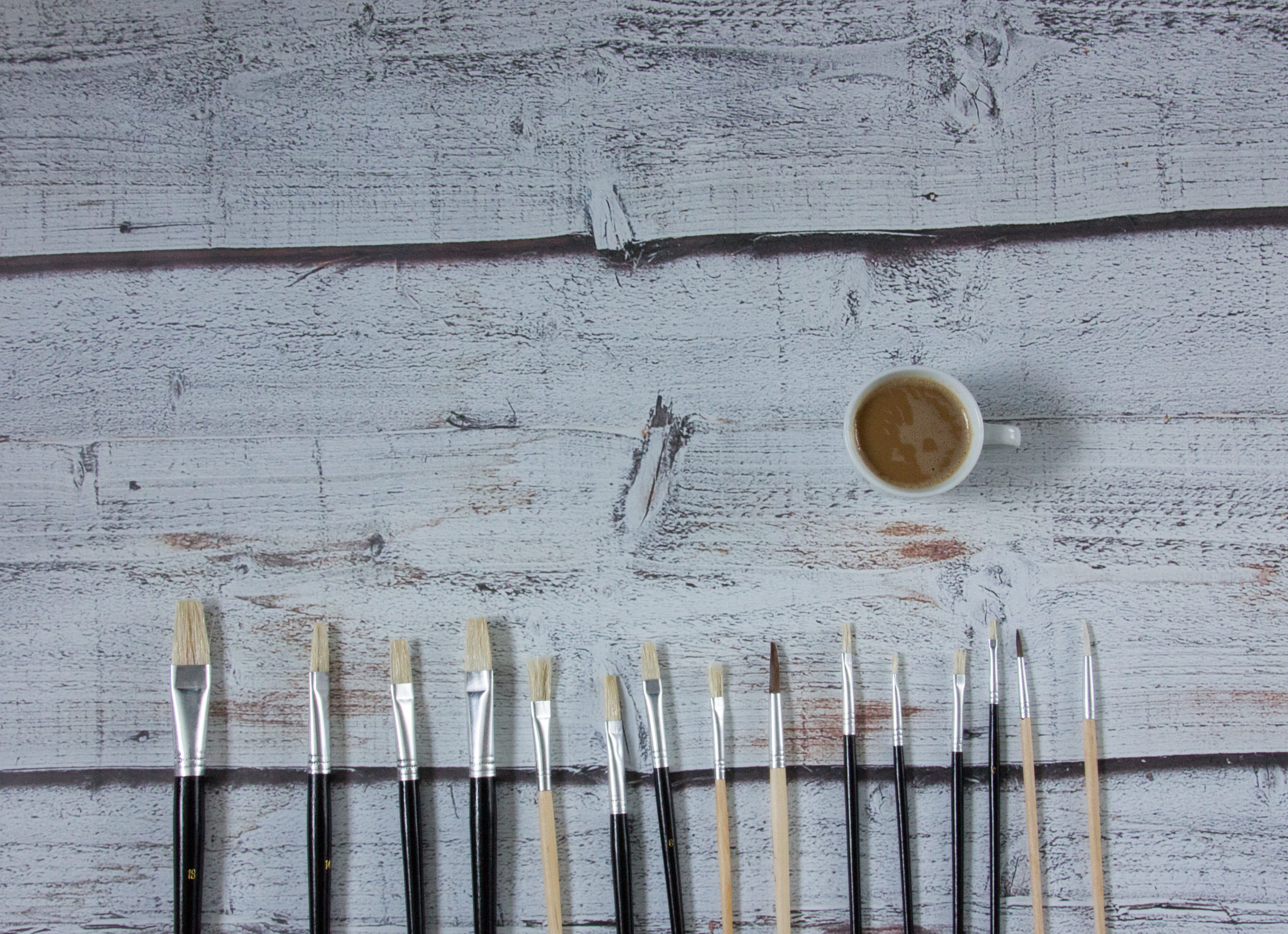 coffee cup, indoors, day, brush, coffee, the art of, high angle view, coffee - drink, artist, mug, white coffee, table, refreshment, backgrounds, drink, HD Wallpaper