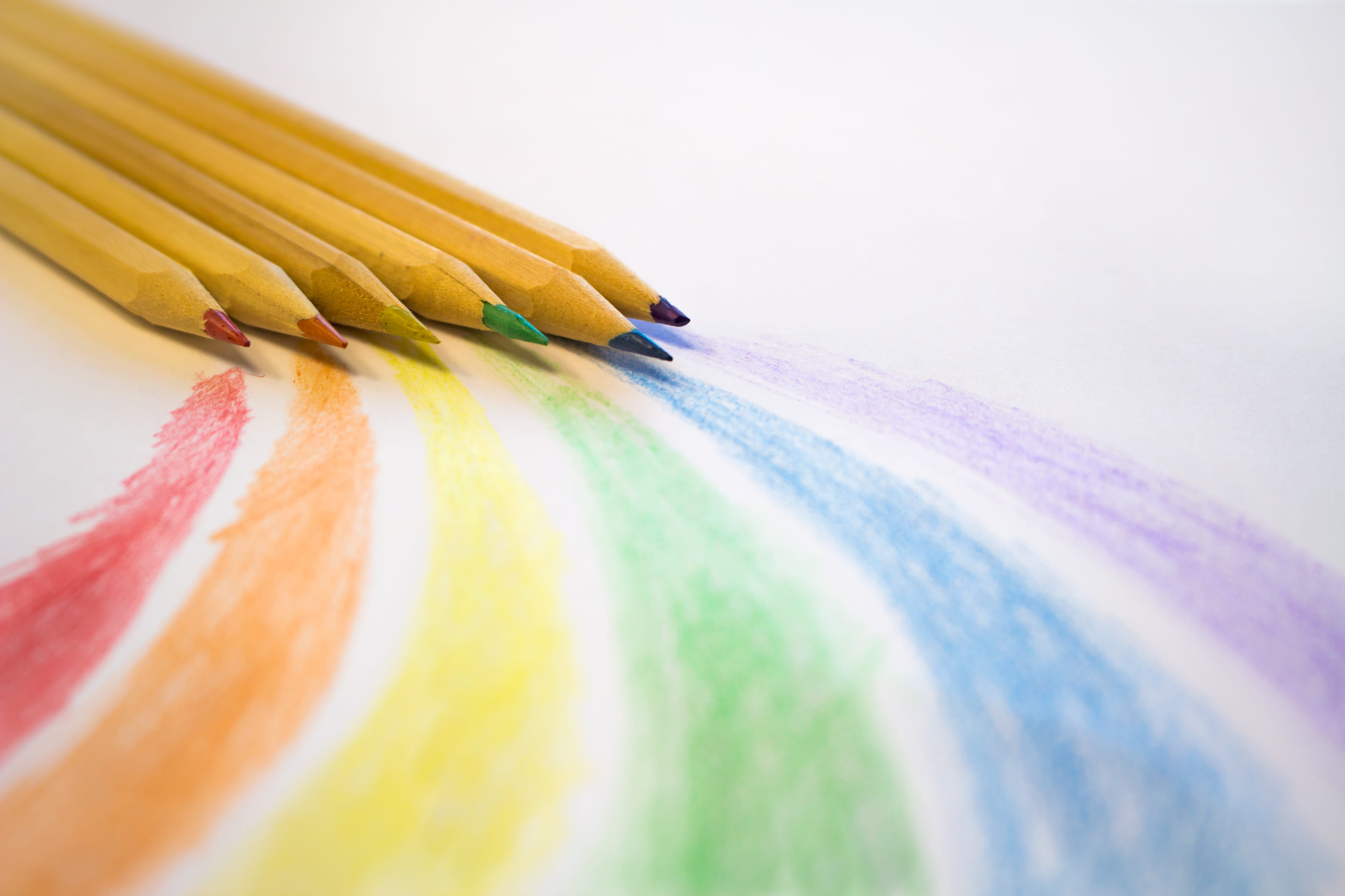 colors, art, colorful, creative, yellow, purple, group of objects, no people, white, rainbow, coloring, in a row, blur, colored pencils, wood, motley, flowering plant, HD Wallpaper