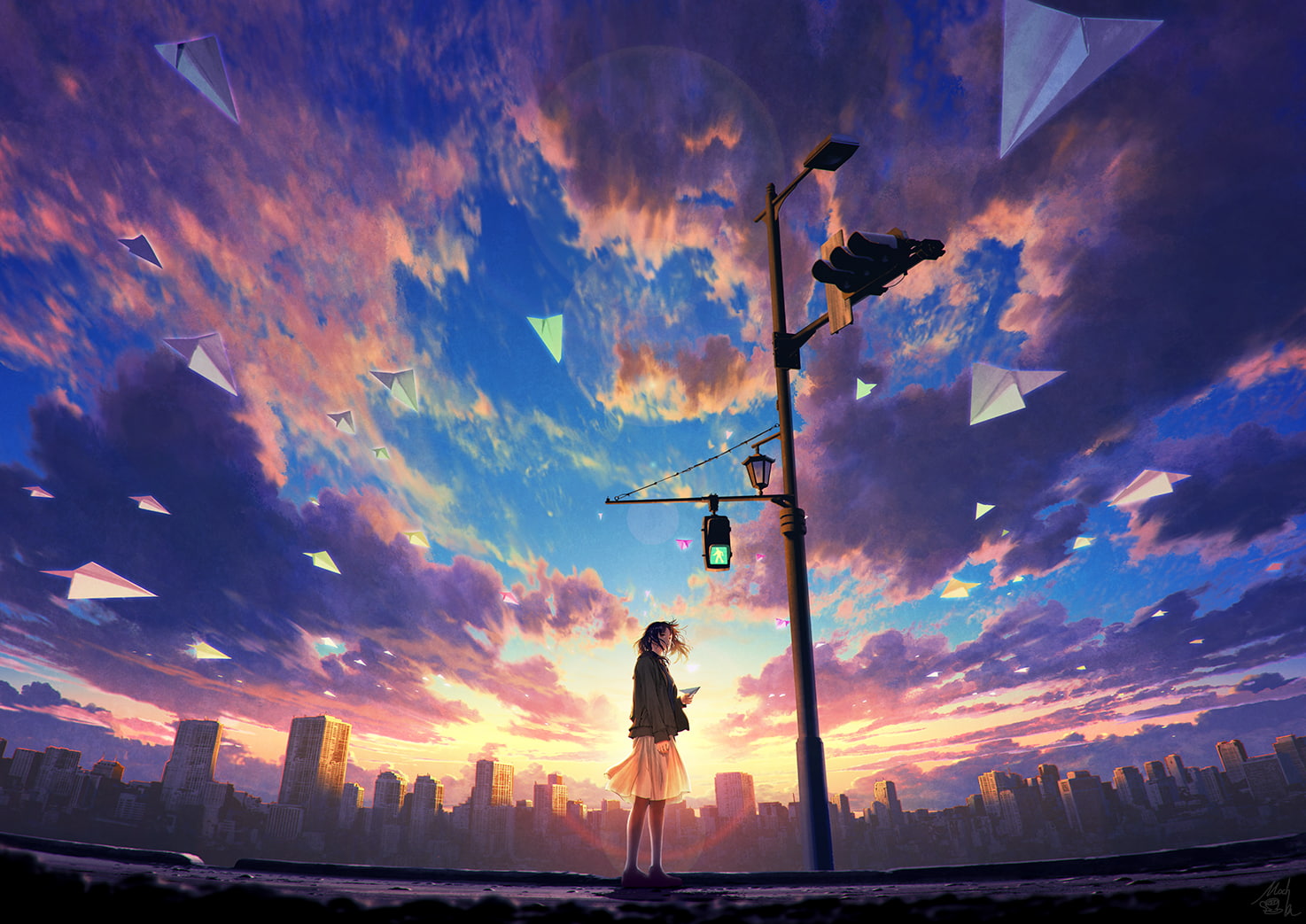 city, sky, sunlight, cityscape, traffic lights, blue, anime girls, urban, 720P, paper planes, anime, HD Wallpaper