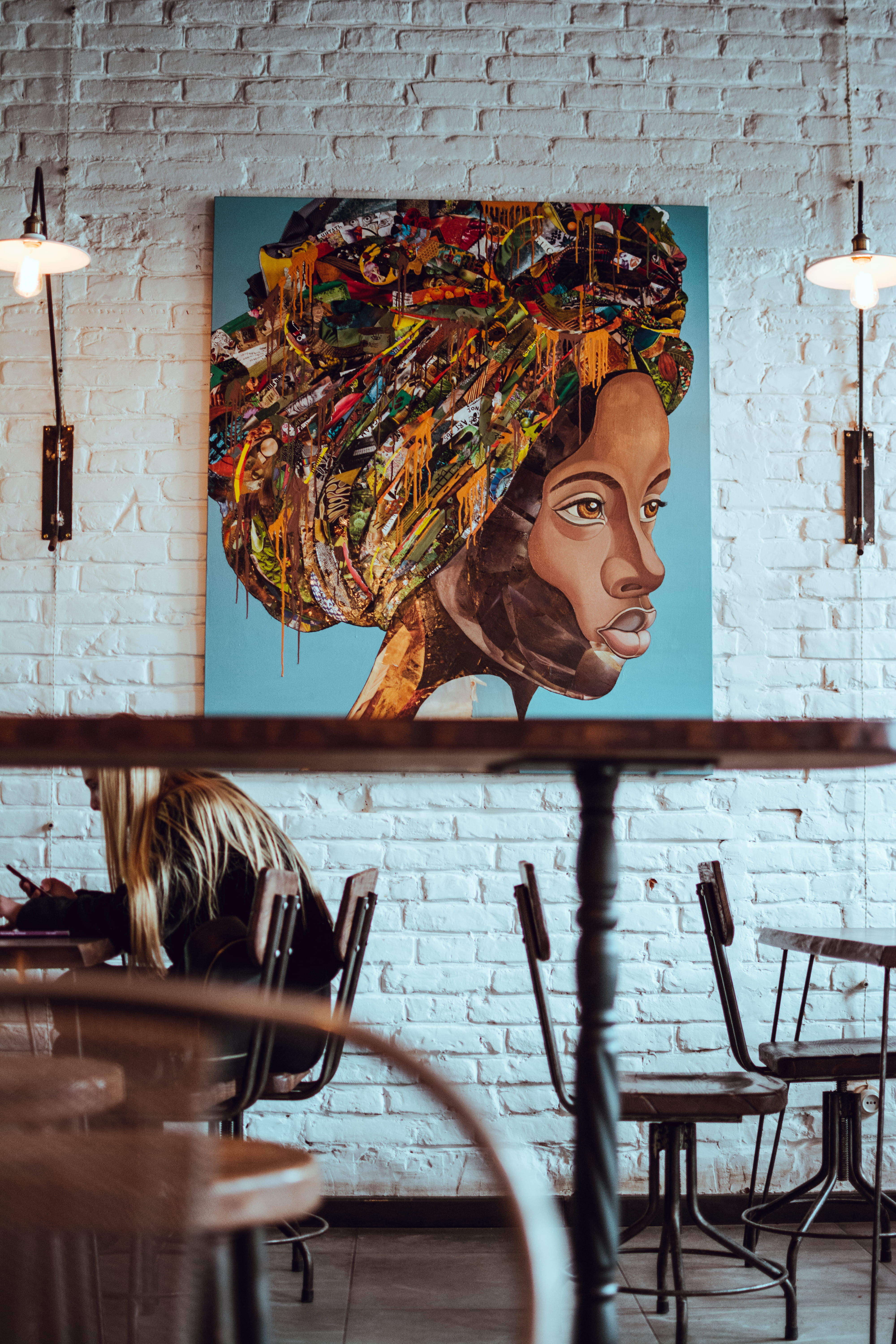 restaurant, young adult, beautiful woman, 5K, poster, brown hair, waist up, woman, multicolored, painting, hair, seat, brick wall, young women, human, Phone HD Wallpaper