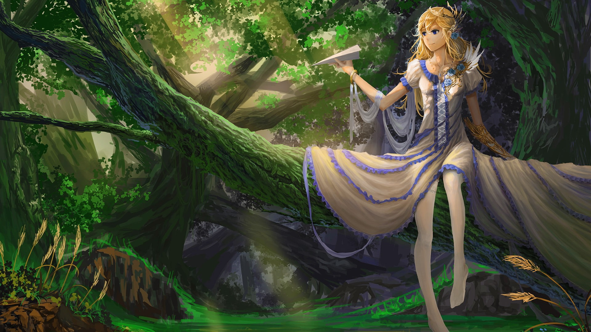 paper planes, 1080P, legs, fantasy art, forest, sun rays, dress, women, HD Wallpaper