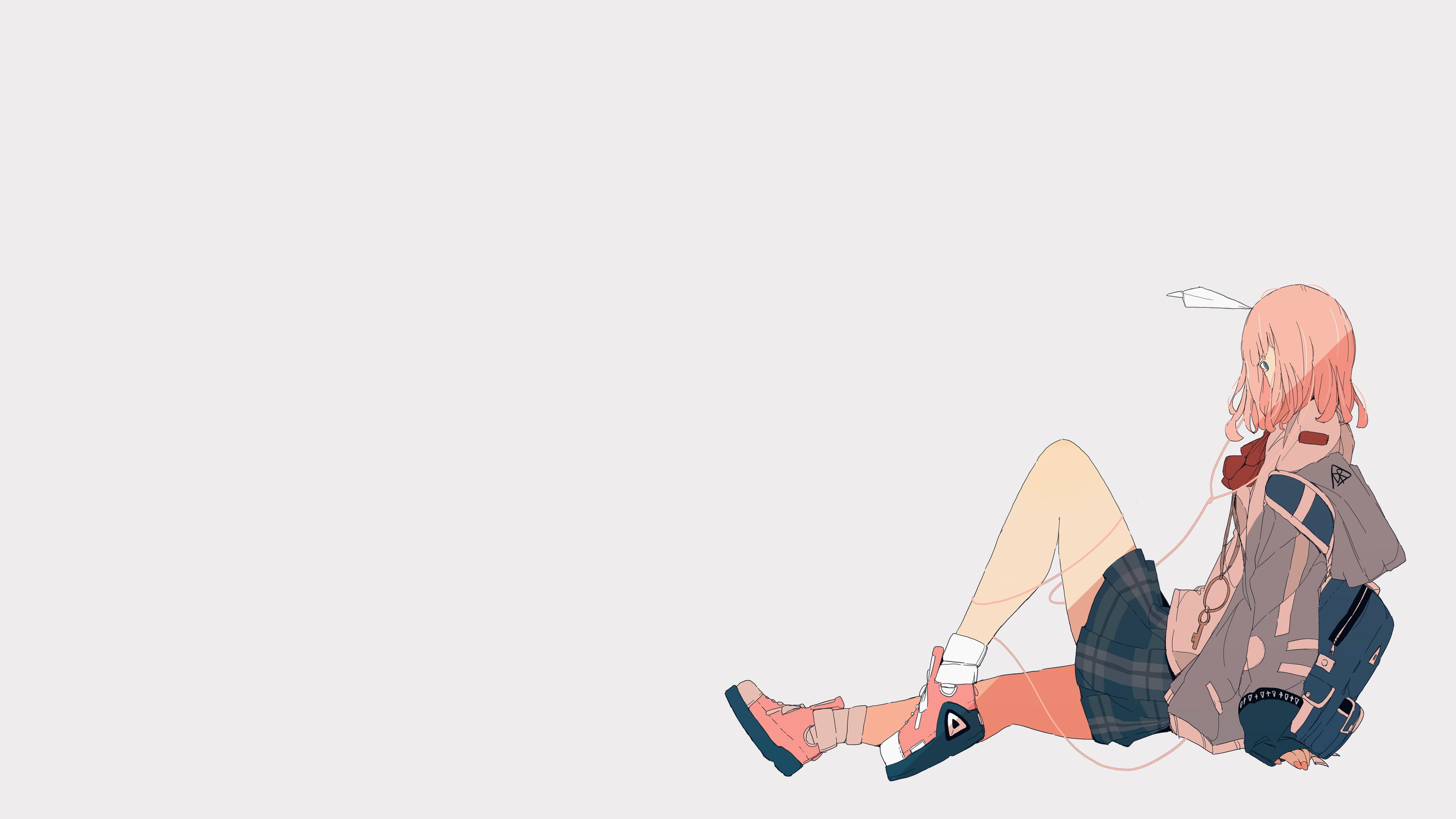 4K, anime, original characters, anime girls, simple background, pastel, paper planes, sitting, HD Wallpaper
