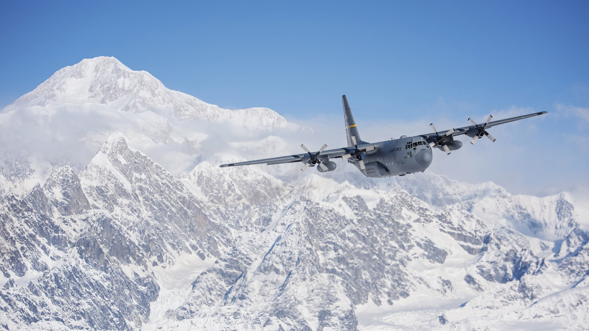 nature, outdoors, no people, mountain range, air vehicle, day, mountain, usaf, hercules, snowcapped mountain, sky, mid-air, mode of transportation, clear sky, HD Wallpaper