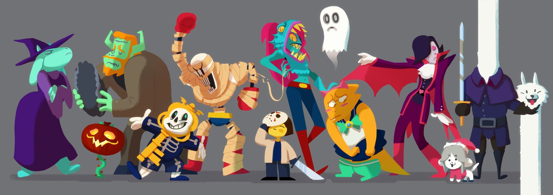 Lesser Dog (Undertale), Undyne (Undertale), Halloween, Temmie (Undertale), Video Game, Frisk (Undertale), Mettaton EX (Undertale), 1080P, Flowey (Undertale), HD Wallpaper