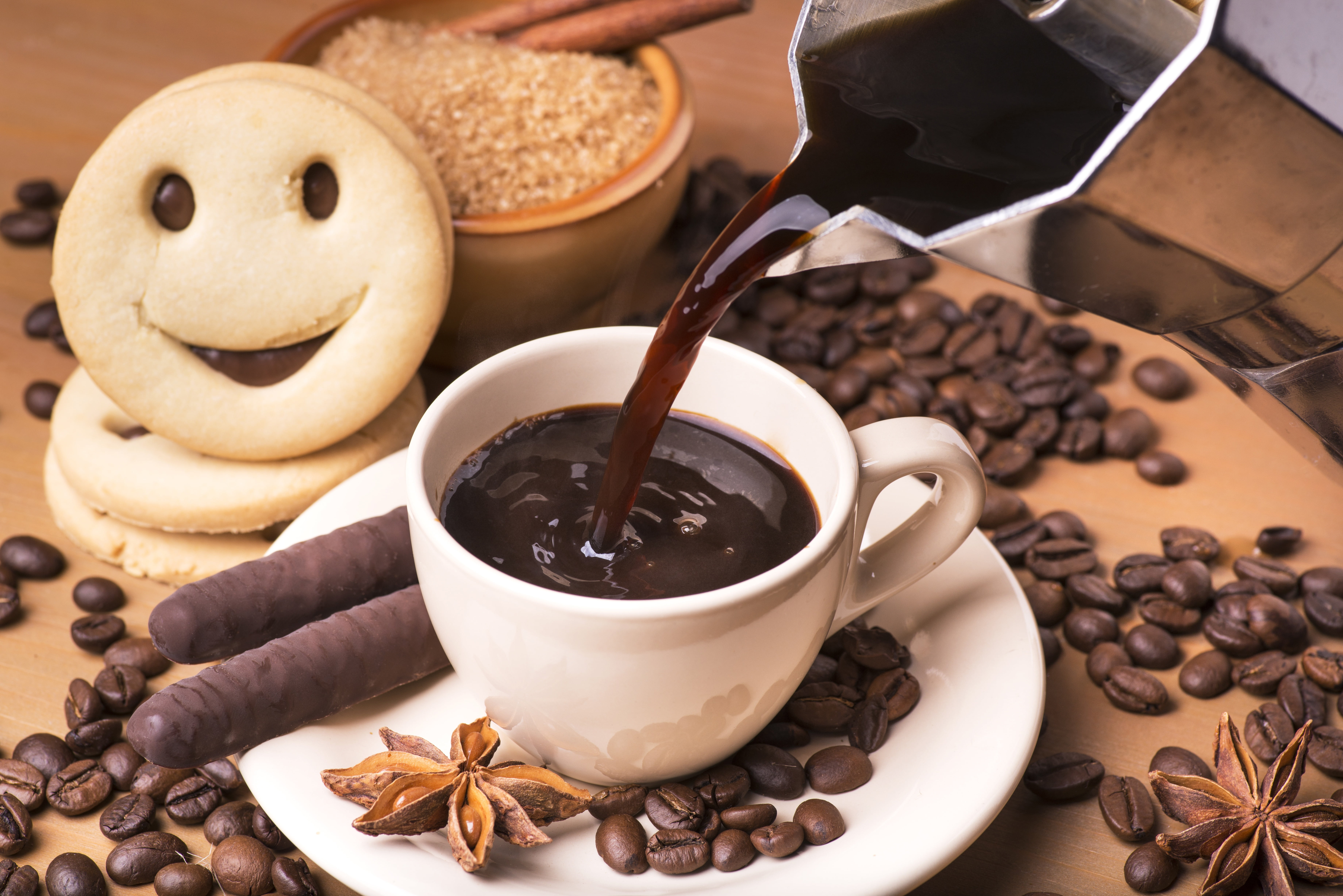 food, brown, star anise, stick - plant part, Anis, no people, coffee, hot drink, 5K, mood, cinnamon, still life, table, spice, drink, a Cup of coffee, HD Wallpaper