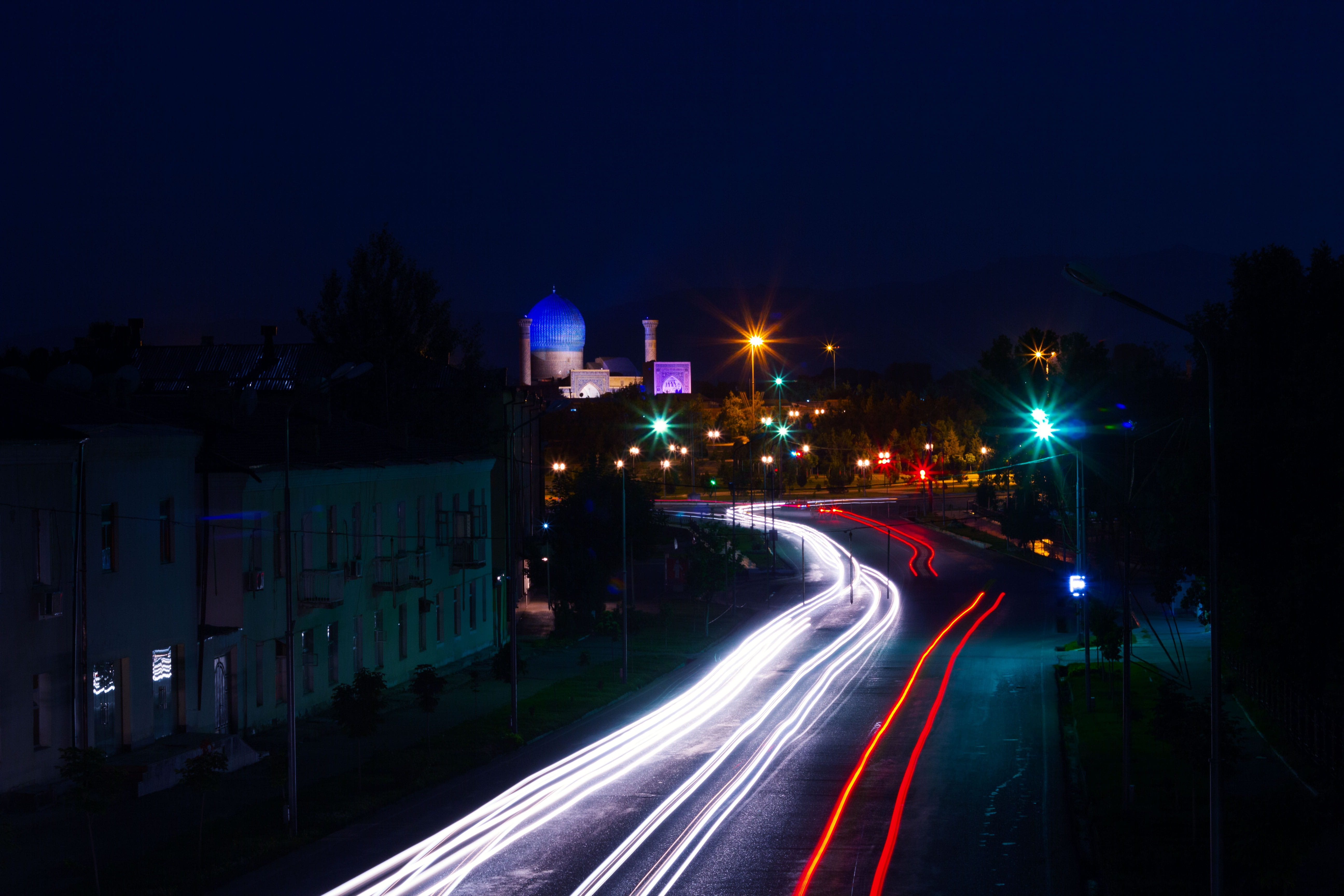 street light, Samarkand, style, road, 5K, zelight, photography, long exposure, beautiful, city life, highway, direction, Night, near, outdoors, buildings, HD Wallpaper