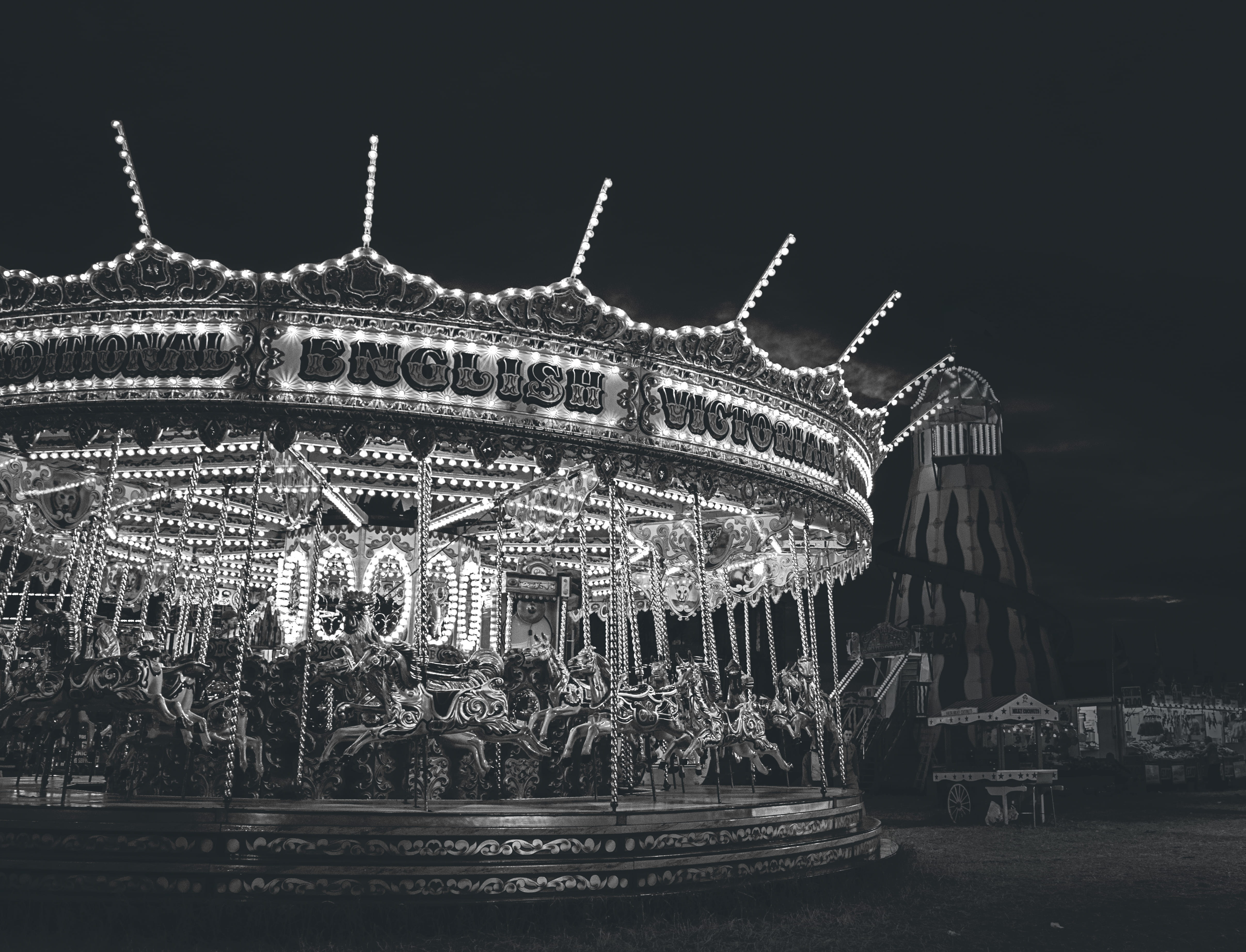 carousel, text, 4K, built structure, outdoors, night, nature, illuminated, city, photo, tower, building exterior, helter skelter, architecture, photography, HD Wallpaper