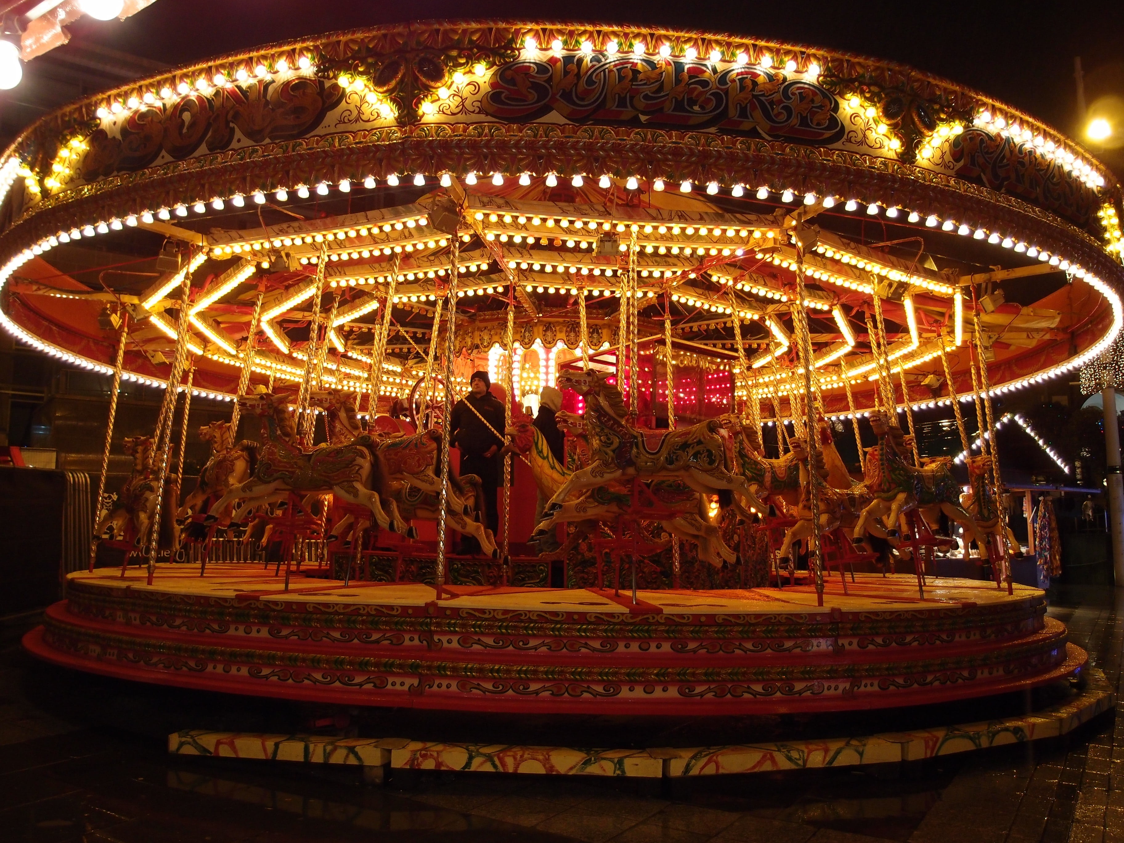 amusement Park Ride, theatrical performance, merry-Go-Round, fun, traveling Carnival, outdoors, 2K, arts culture and entertainment, lighting equipment, HD Wallpaper
