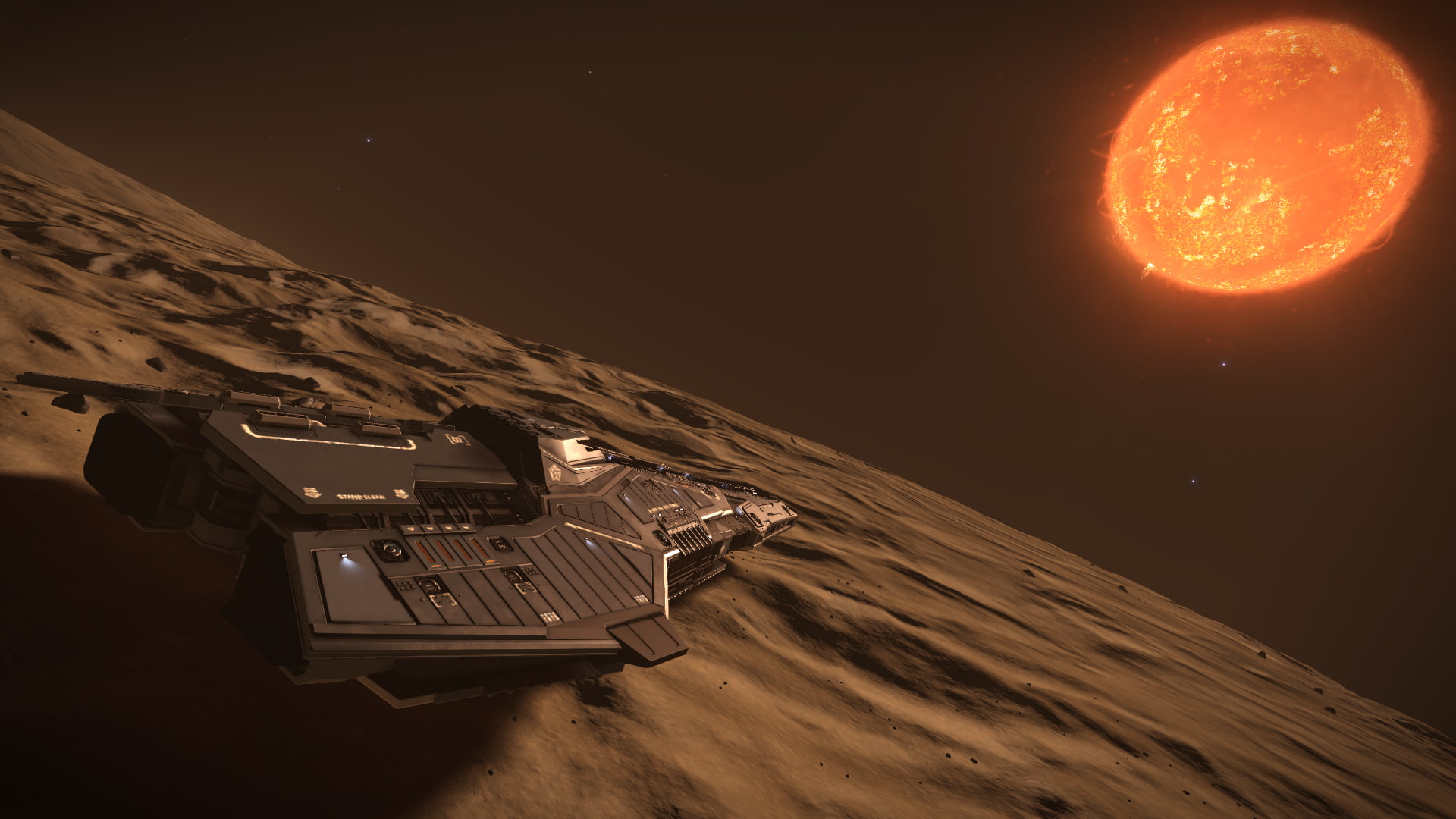 Federal Corvette, travel, moon, sky, orange color, climate, technology, digital composite, desert, nature, Elite: Dangerous, mountain, arid climate, night, HD Wallpaper