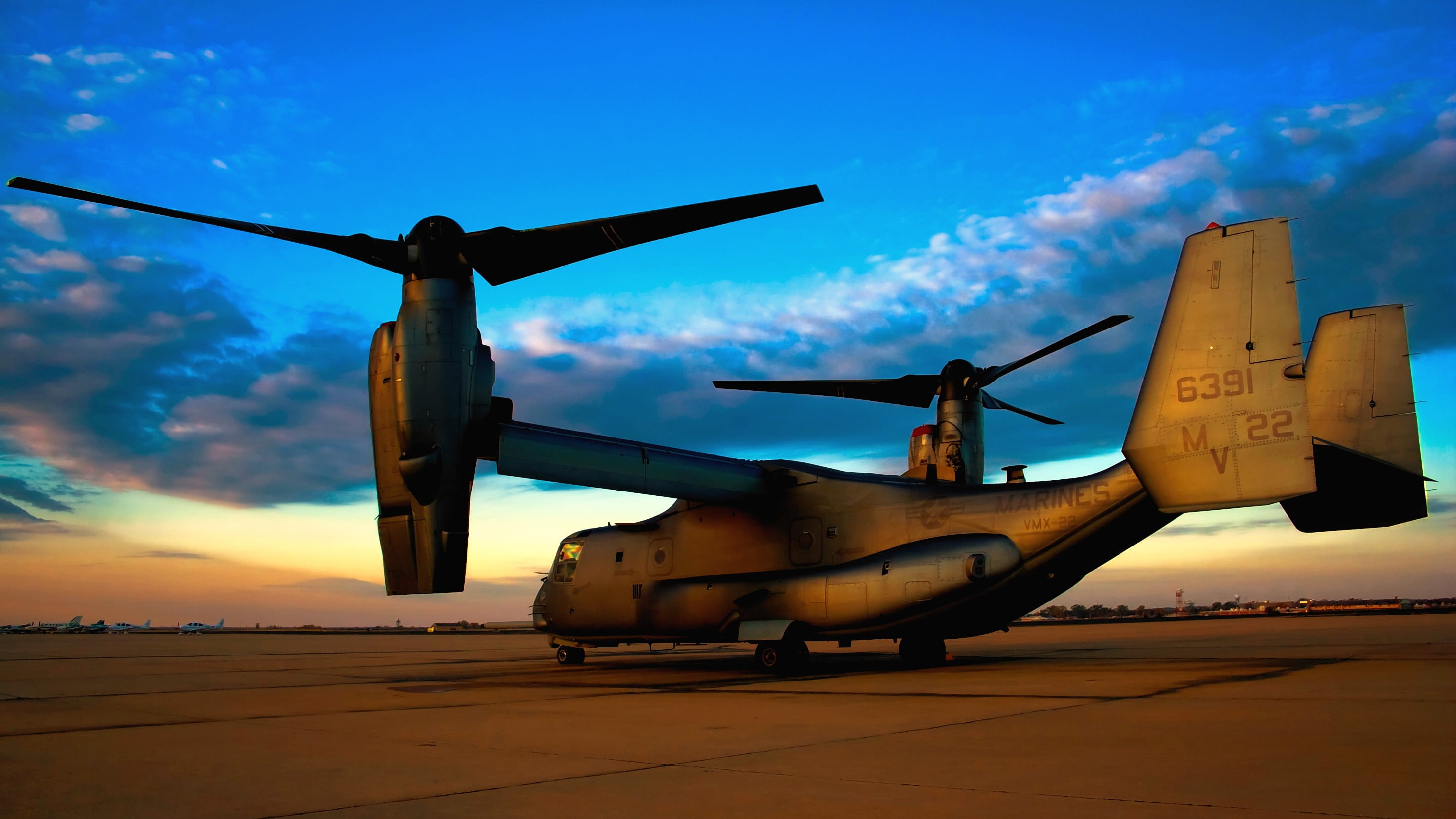 sky, CV-22 Osprey, sunset, aerospace industry, no people, cloud - sky, army, airport, mode of transportation, airplane, plane, outdoors, airport runway, HD Wallpaper