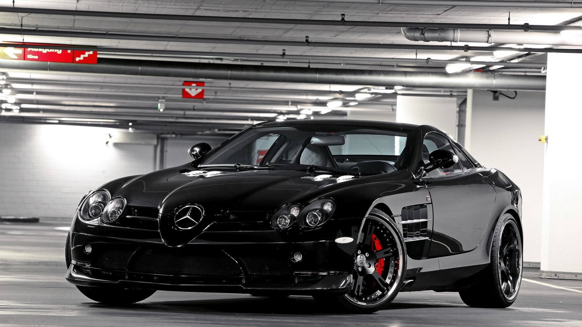 indoors, black cars, Mercedes-Benz, motor vehicle, built structure, city, sign, illuminated, parking, coupe, land vehicle, black, parking garage, benz, HD Wallpaper