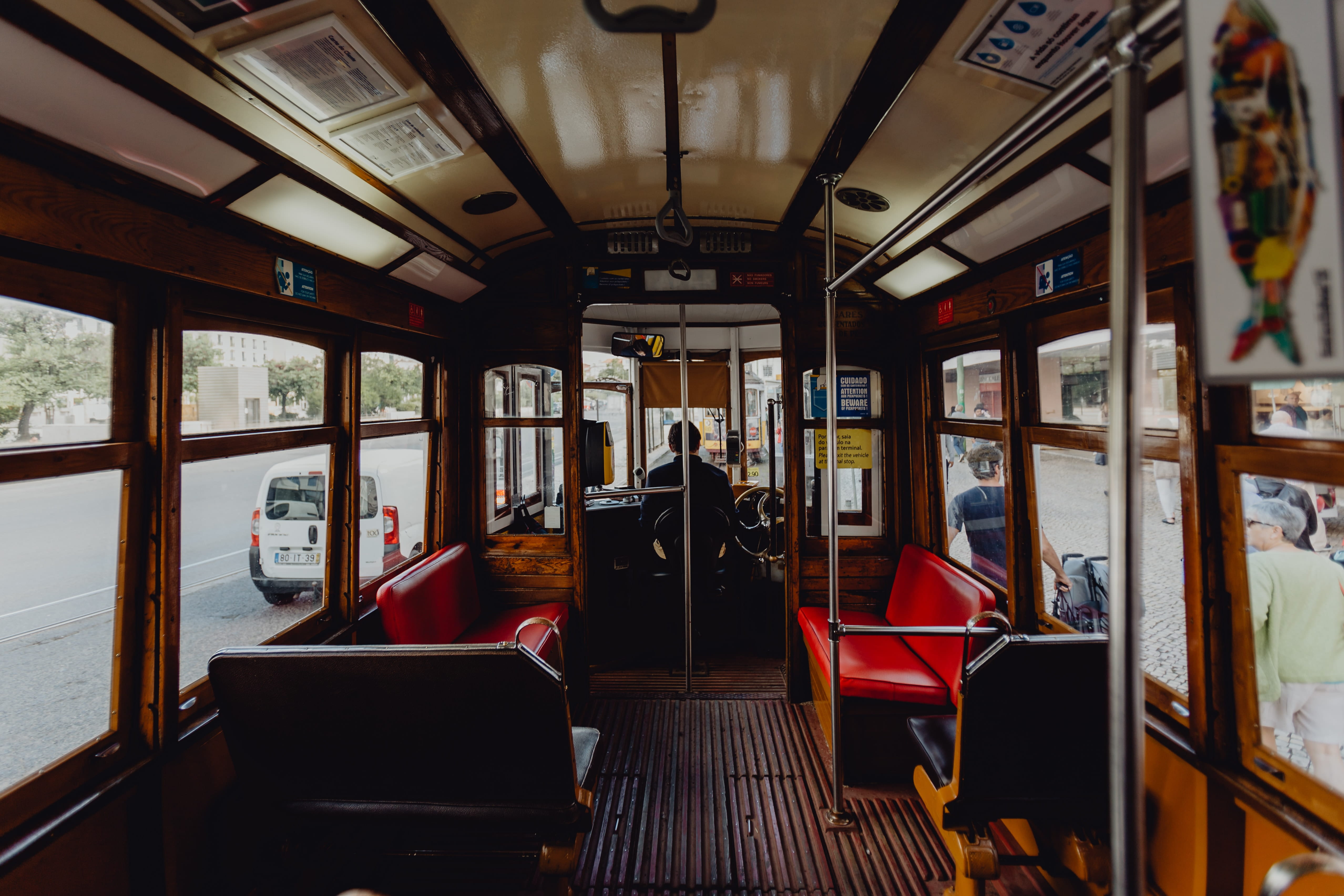 vintage, mode of transportation, glass - material, travel, old, tram, commuter train, 4K, indoors, Europe, vehicle seat, famous, portugal, sitting, subway train, HD Wallpaper
