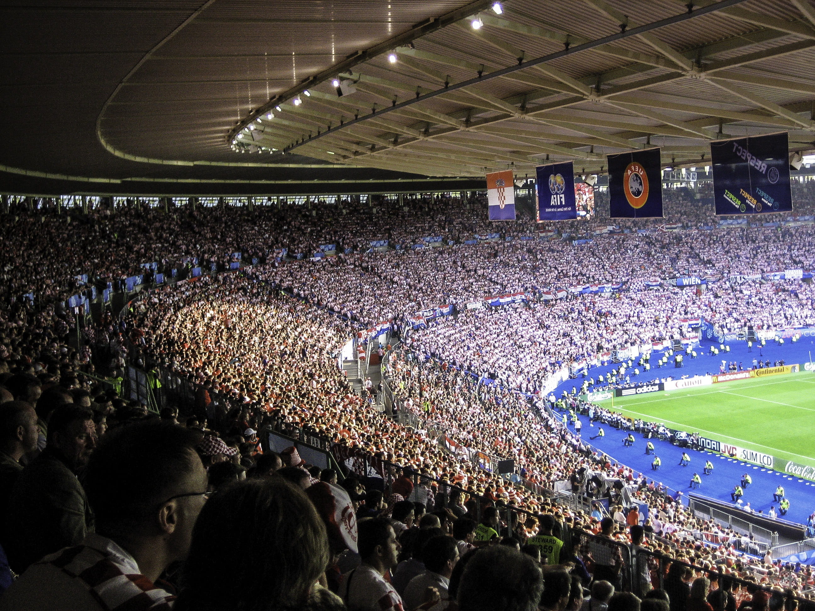 enjoyment, looking, stadium, emotion, positive emotion, Ernst-Happel-Stadion, spectator, architecture, high angle view, lighting equipment, men, happel, HD Wallpaper