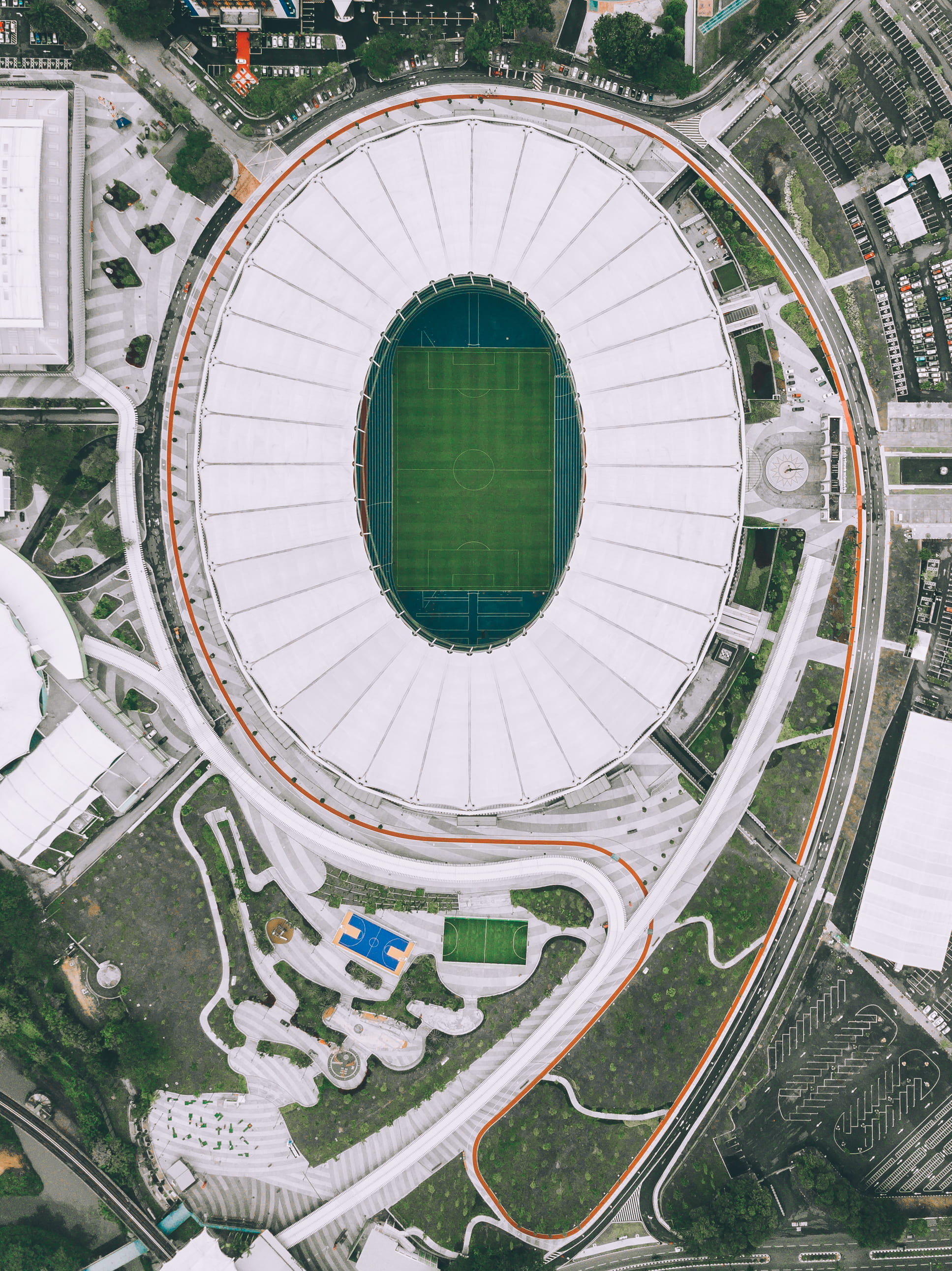 design, drone, pattern, view, day, soccer, no people, ceiling, shape, outdoors, 2K, city, architecture, architectural feature, stadium, circle, building, Phone HD Wallpaper
