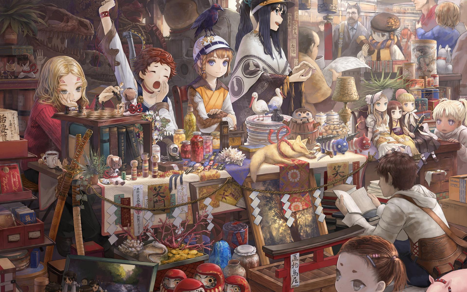 book, store, armor, character, customers, artwork, attending, 1080P, woman, bird, weapon, 1920x1200, anime, HD Wallpaper