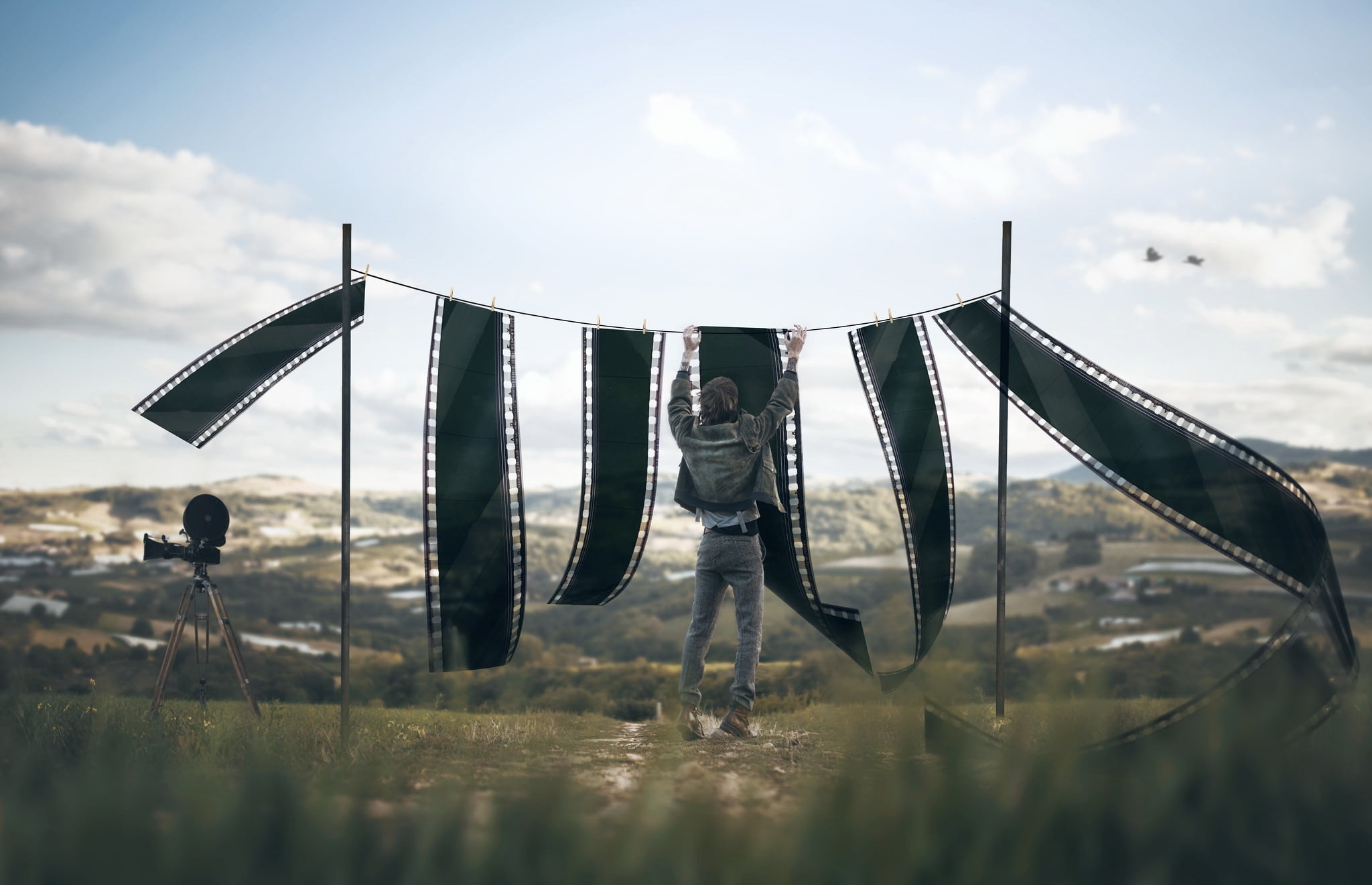 laundry, sunlight, 1080P, land, in a row, plant, outdoors, men, nature, growth, photographer, textile, sky, clothesline, day, selective focus, hanging, HD Wallpaper