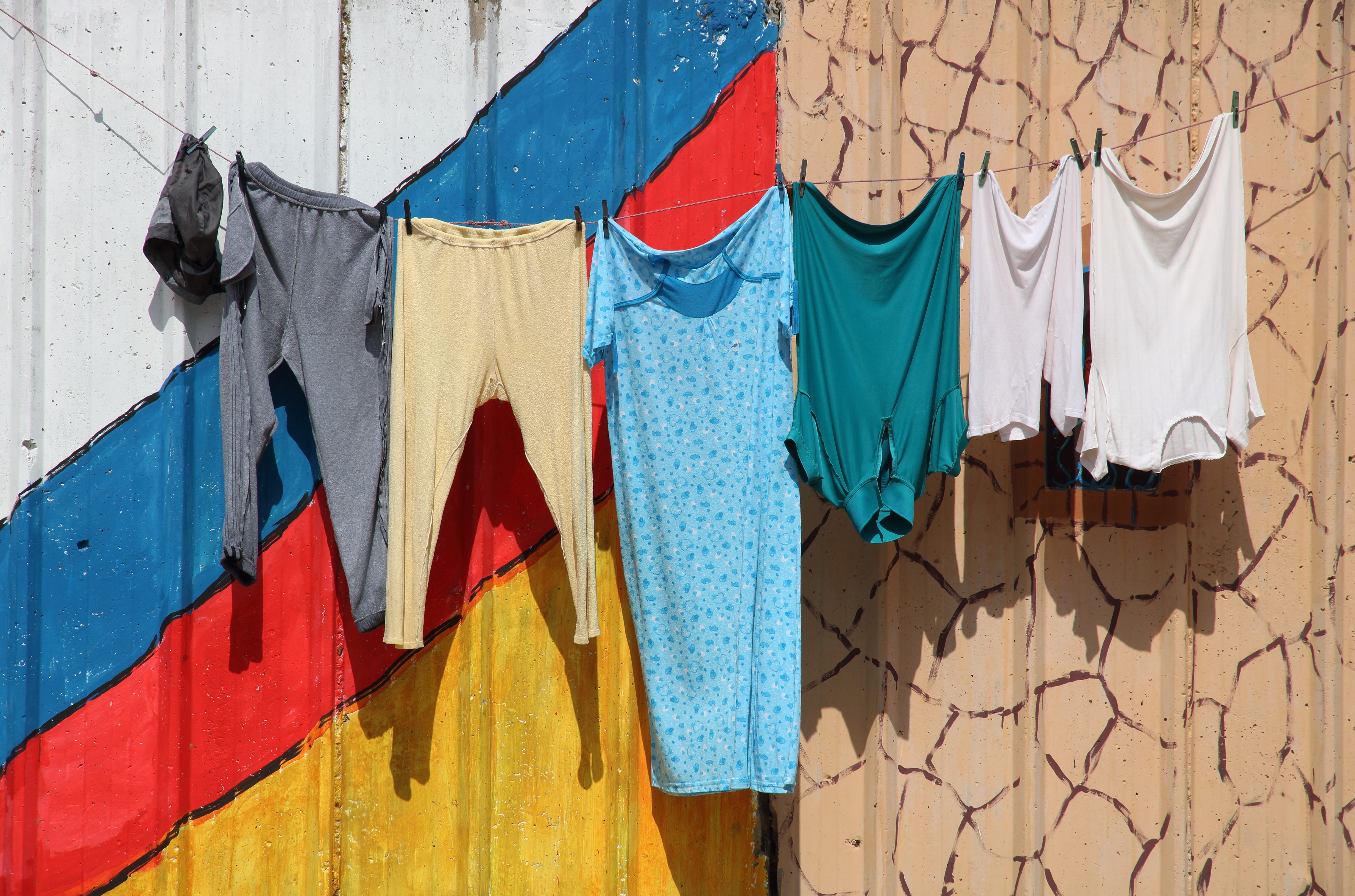 building exterior, clothesline, outdoors, hanging, t-shirt, morocco, colourful, blue, textile, safi, drying, clothes, wall - building feature, day, laundry, HD Wallpaper