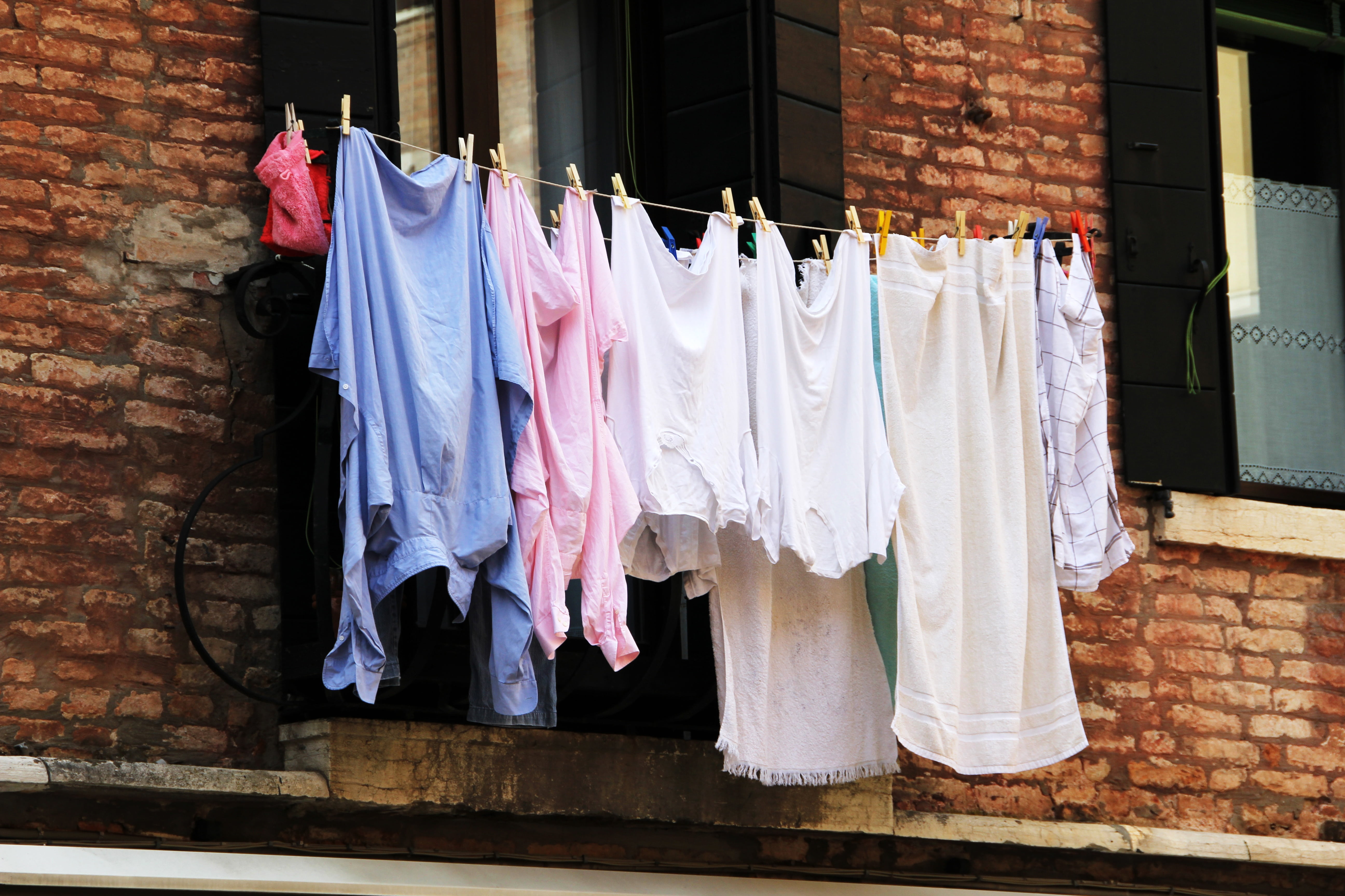 window, side by side, clean, laundry, brick wall, clothing, no people, hanging, building exterior, daytime, drying, fashion, clothesline, beside, textile, HD Wallpaper