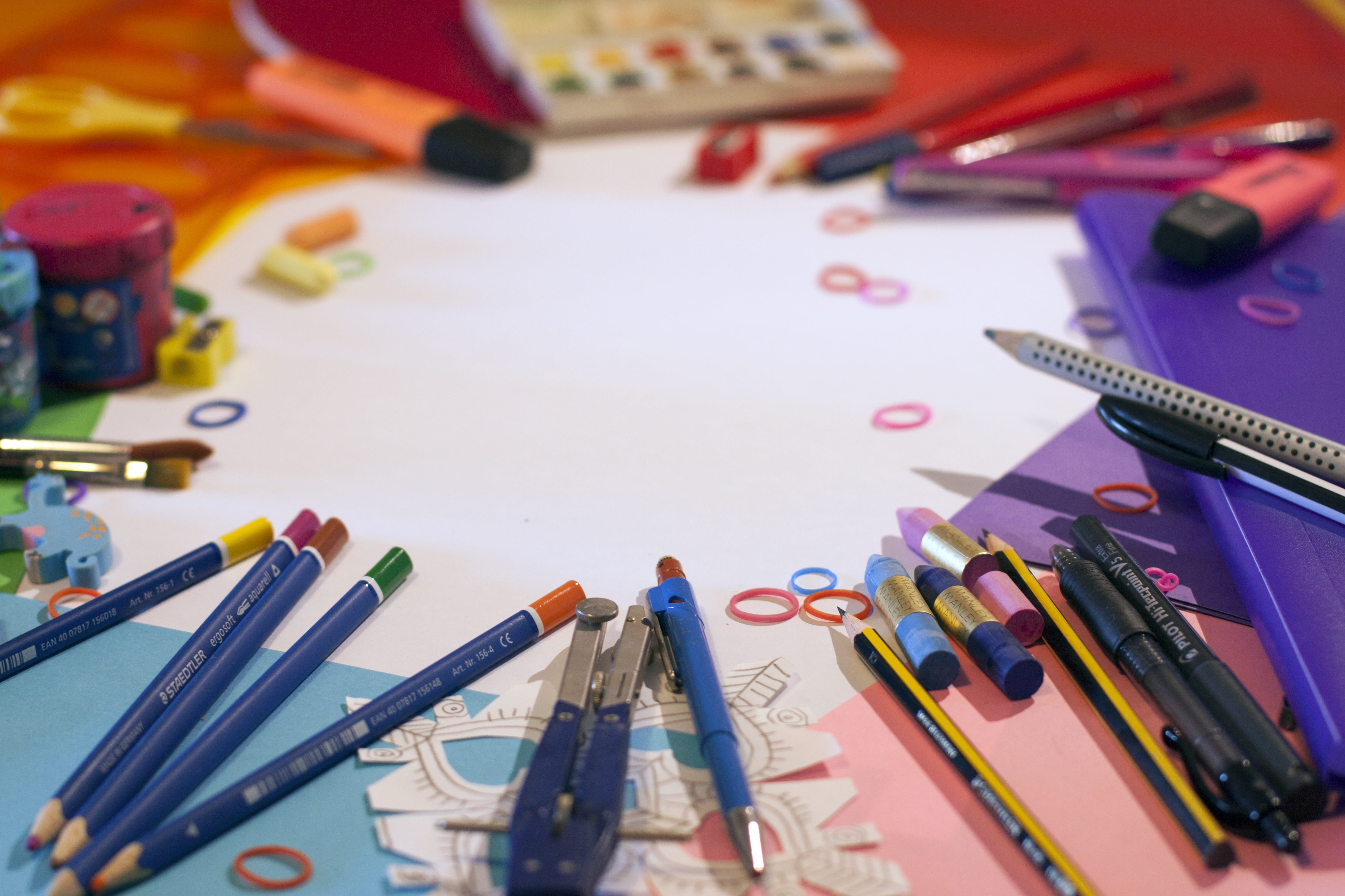 still life, high angle view, focus, plastic, scissors, selective focus, art and craft equipment, art and craft, creativity, pens, large group of objects, HD Wallpaper