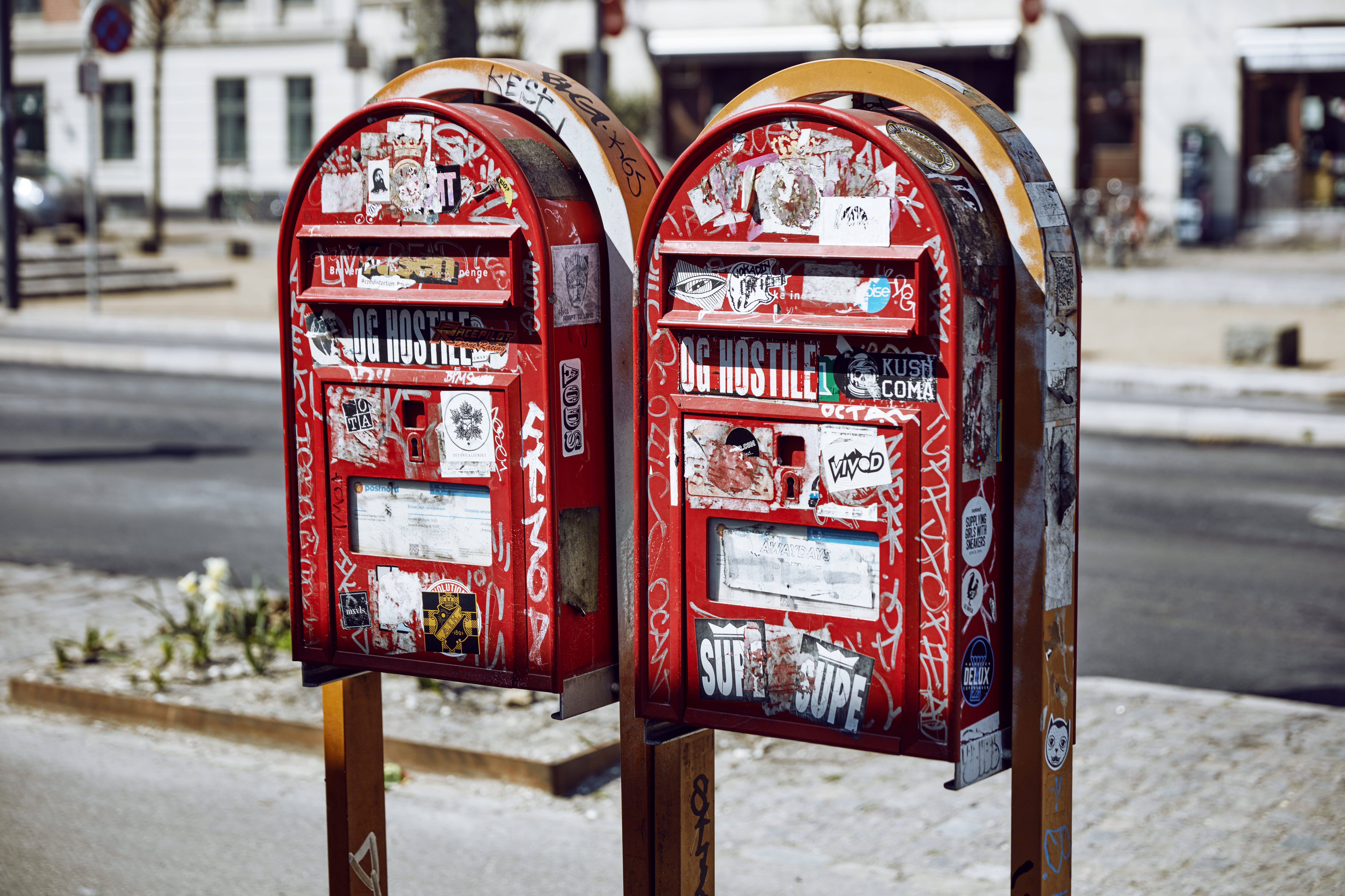 architecture, outdoors, focus on foreground, grafitti, road, city, street, copenhagen, close-up, urban, no people, letterbox, communication, 8K, boxes, HD Wallpaper