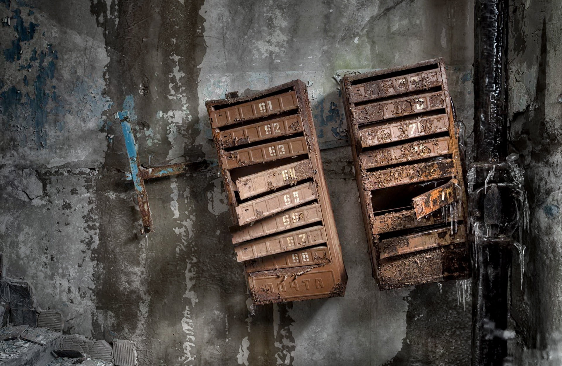 ruined, weathered, indoors, wall - building feature, stack, metal, day, damaged, obsolete, 1080P, absence, ruin, run-down, no people, Mailbox, high angle view, HD Wallpaper