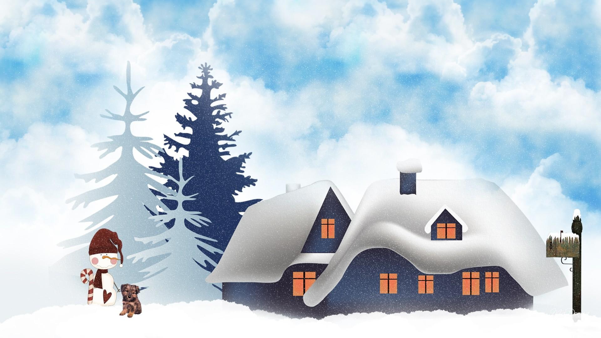 snow, 3d and abstr, snowed, christmas, snowman, inn, house, puppy, firefox persona, mailbox, 1080P, winter, trees, HD Wallpaper