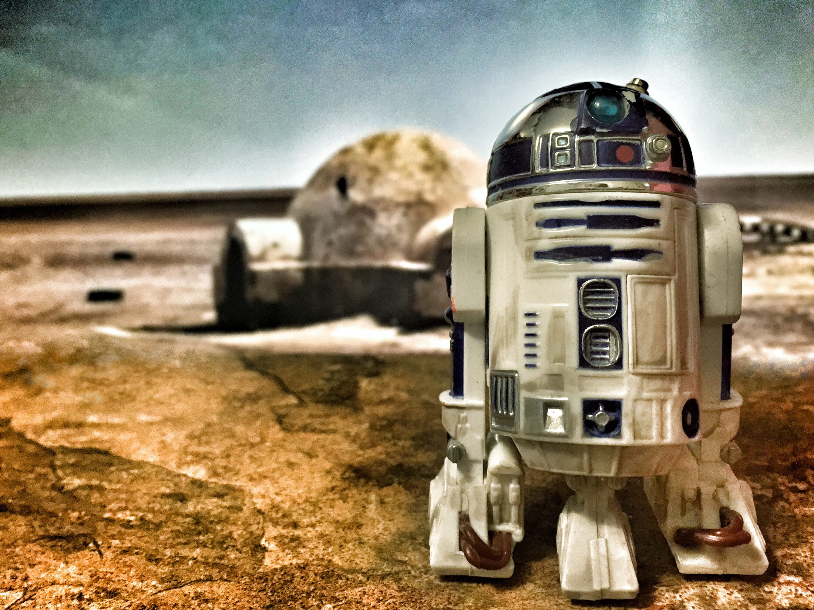 communication, nature, old-fashioned, 2K, outdoors, toy, field, sky, sunlight, metal, technology, abandoned, R2D2, robot, day, character, mailbox, little robot, HD Wallpaper