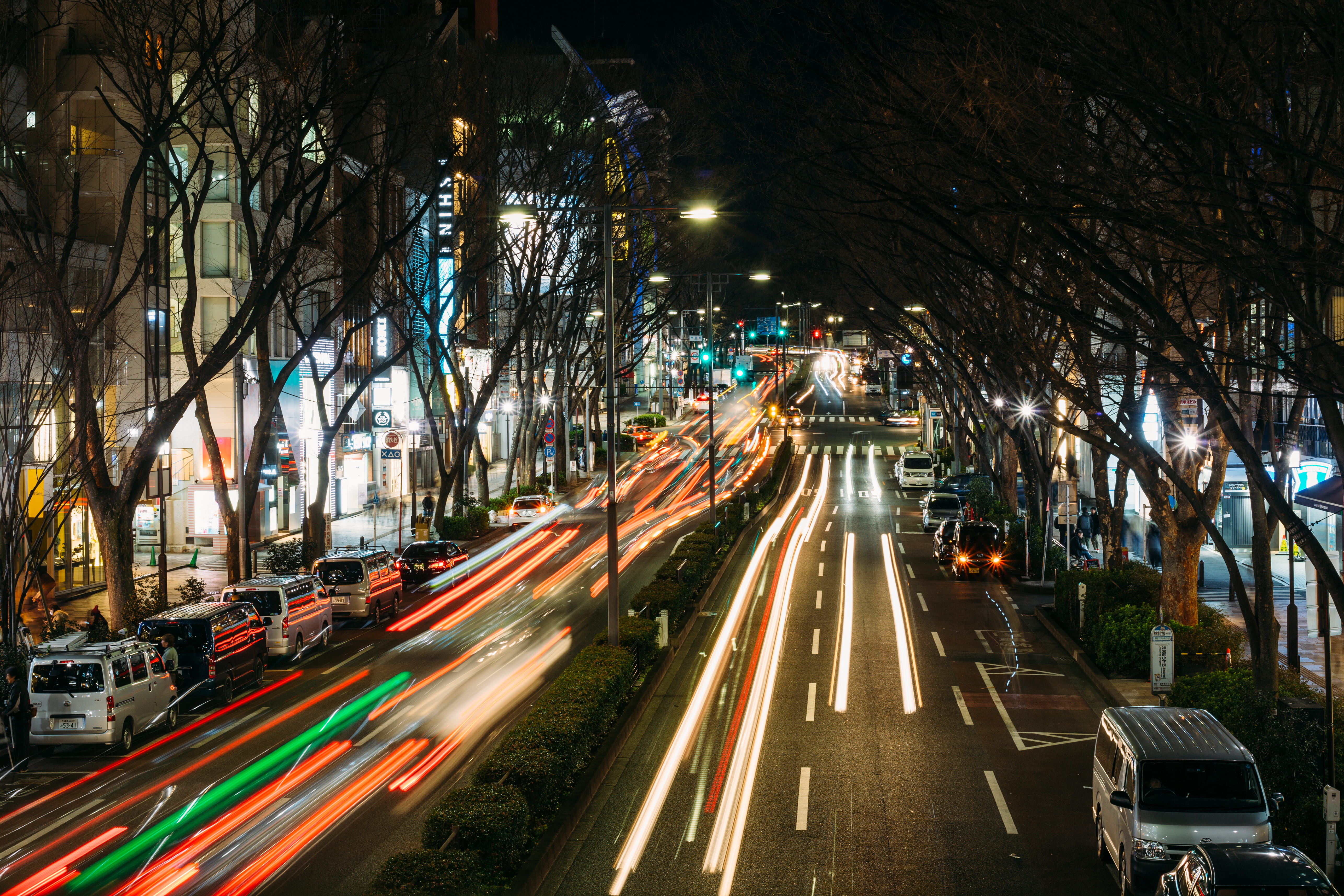 illuminated, street, light streak, vehicle light, road, harajuku, transportation, outdoors, mode of transportation, city life, city street, built structure, HD Wallpaper