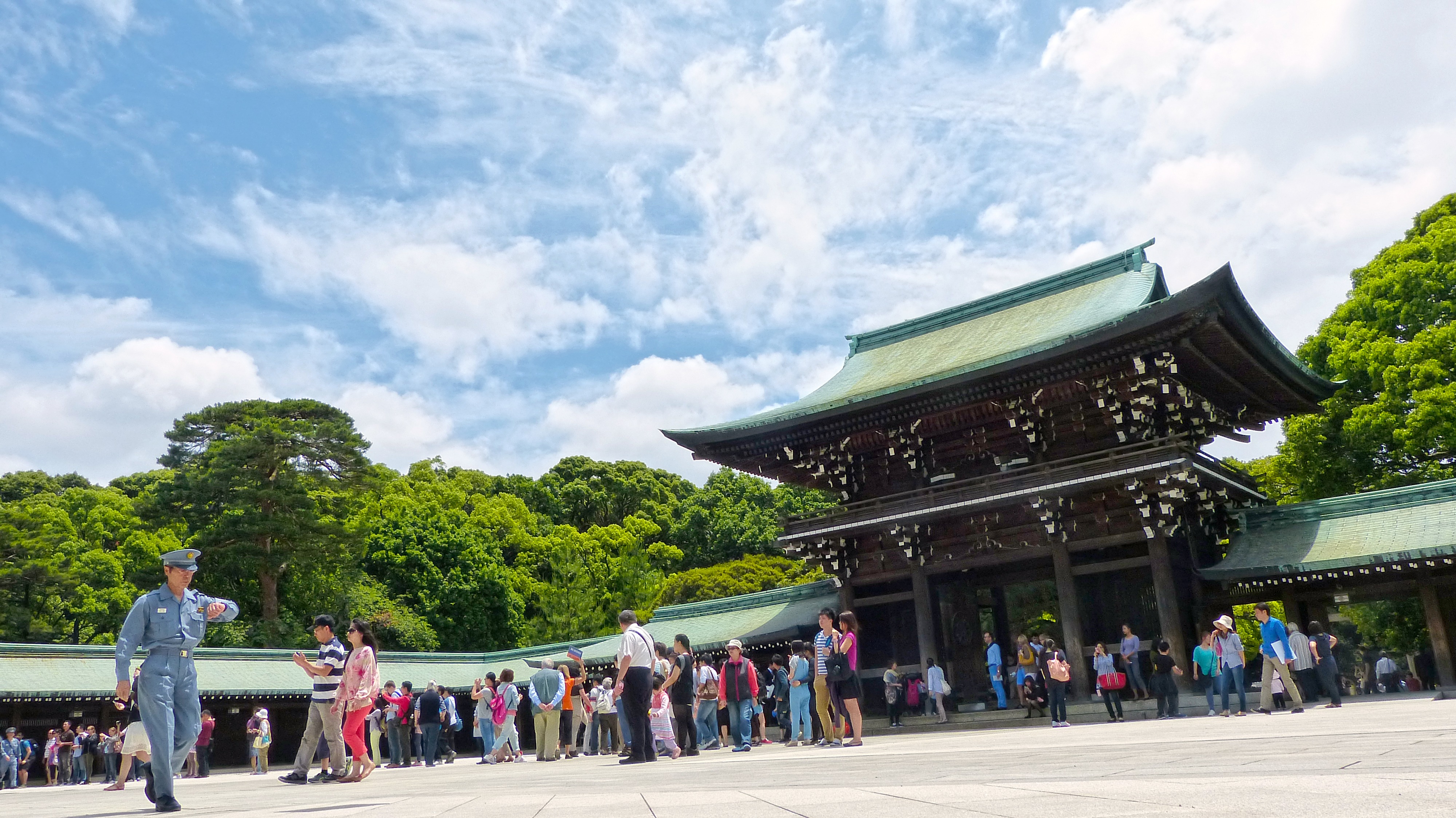 green, built structure, japan, nature, crowd, 4K, public, japanese, sky, harajuku, shrine, outdoors, cloud - sky, day, brown, outside, men, travel destinations, HD Wallpaper
