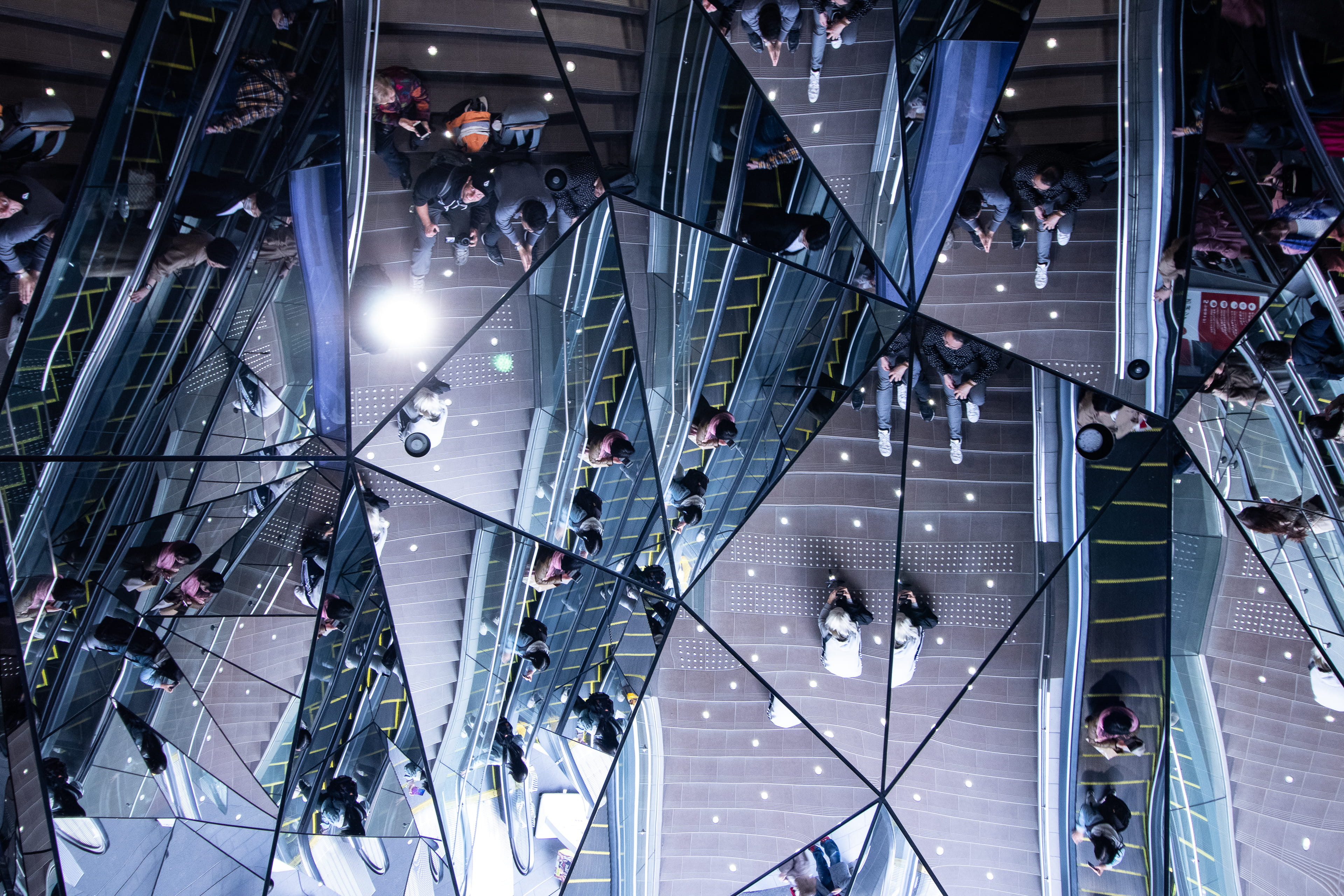 architecture, convention center, flooring, high angle view, modern, skylight, crystal, planetarium, urban, real people, mosaic, building, japan, lighting, HD Wallpaper