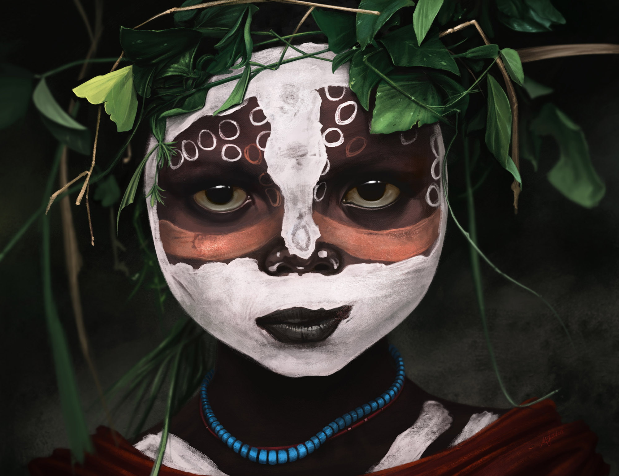mohammad javadi, girl, coloring, beads, 1080P, aboriginal, art, savage, leaves, HD Wallpaper