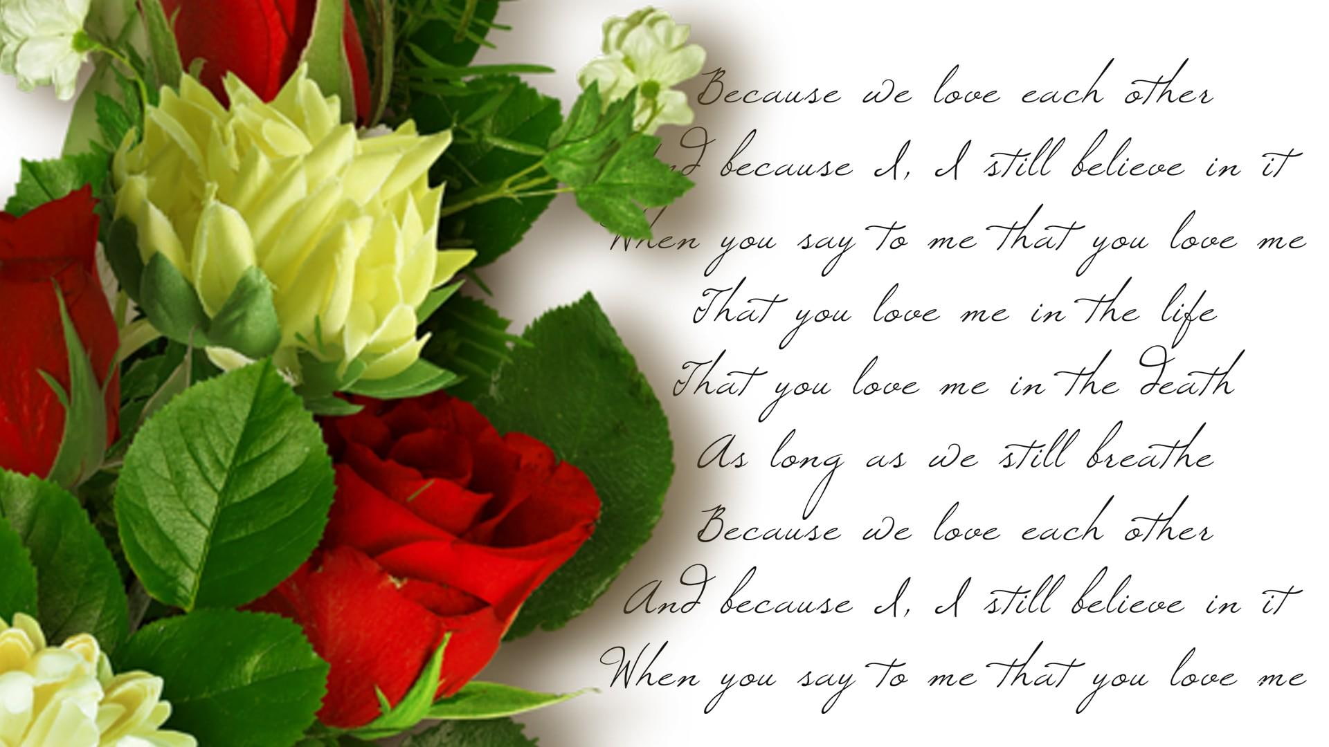 valentines day, romantic, flouers, petaled, yellow, flowers, romance, 1080P, script, roses, flower, red, love, rose, nature and landscapes, poetry, HD Wallpaper