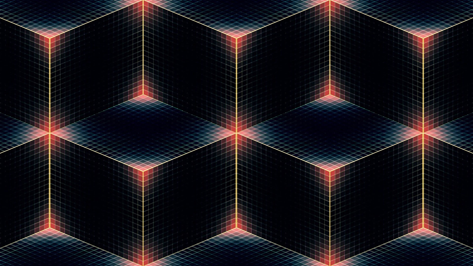 red, indoors, blue, textured, shape, lens flare, abstract, andy gilmore cube abstract 3d, repetition, 1080P, technology, no people, geometric shape, nature, HD Wallpaper