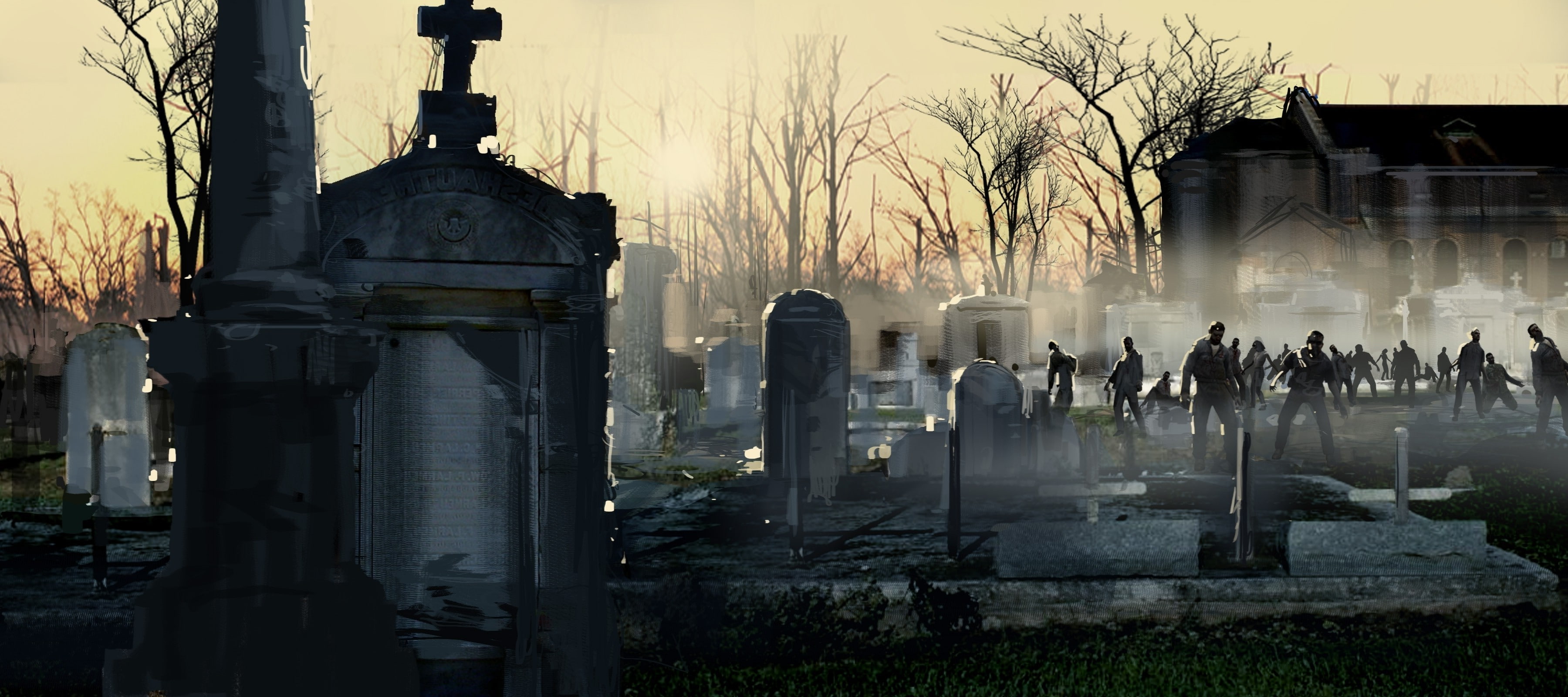 group of people, video games, outdoors, real people, Left 4 Dead 2, building, the past, plant, religion, architecture, tombstone, built structure, cemetery, HD Wallpaper