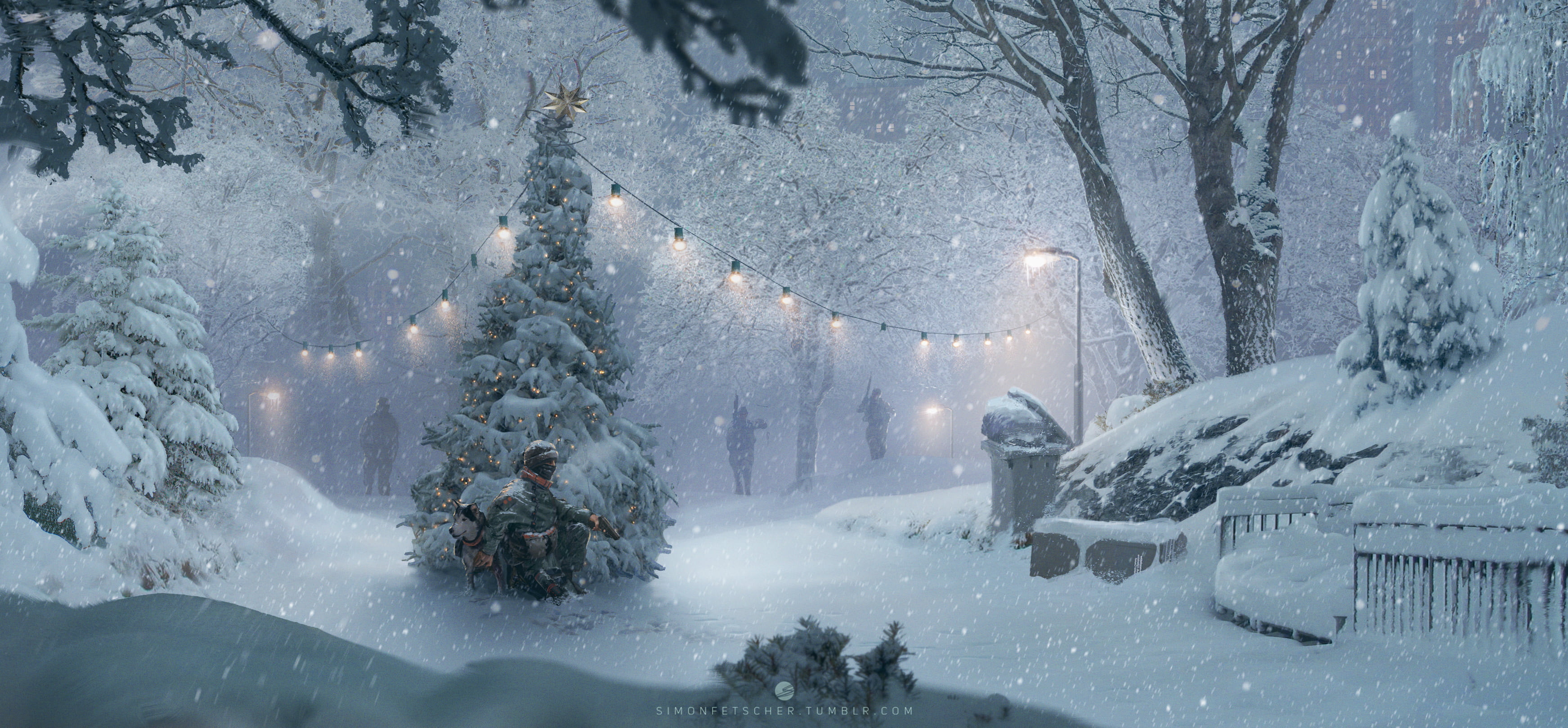 trash, winter, lights, dark, soldier, snow, Christmas Tree, 2K, christmas lights, artwork, night, trees, dog, military, snowing, gun, HD Wallpaper