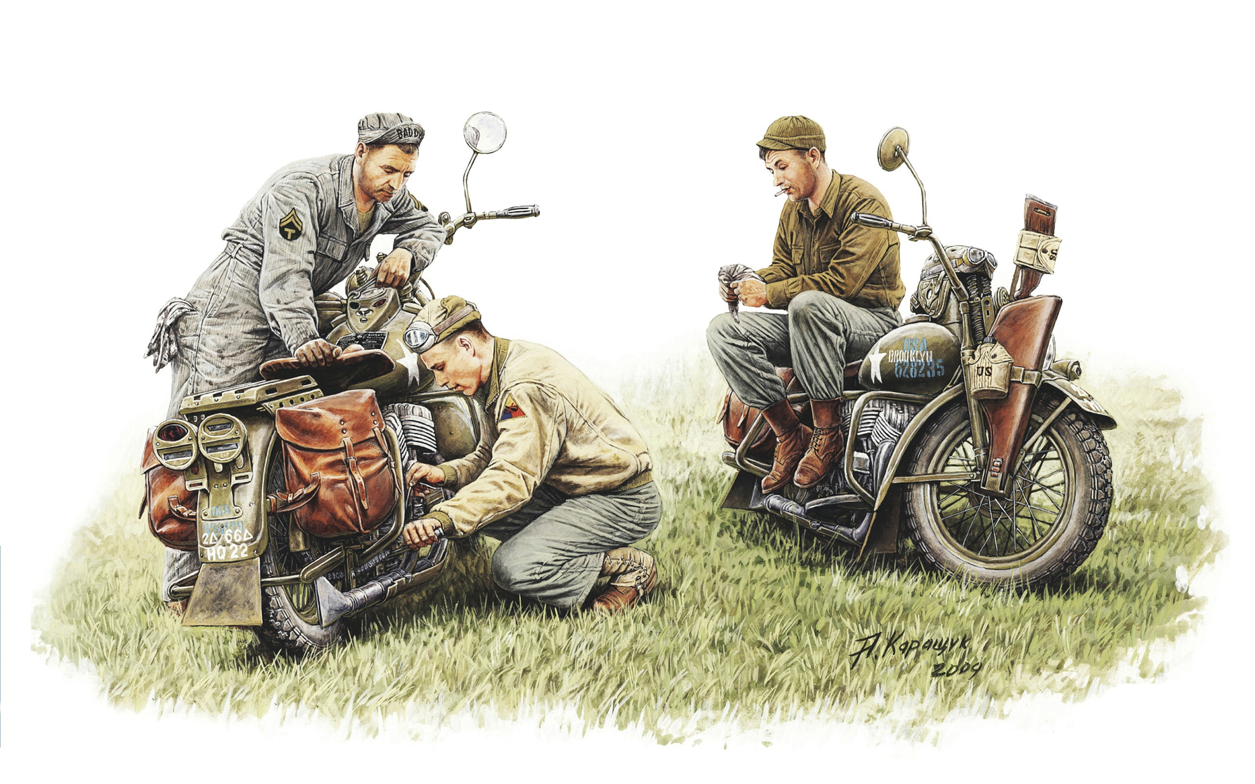 order, grass, A. Karashchuk., people, illustration, 2K, sky, Harley-Davidson, team, break, repairing, mode of transportation, men, group of people, 1942., HD Wallpaper