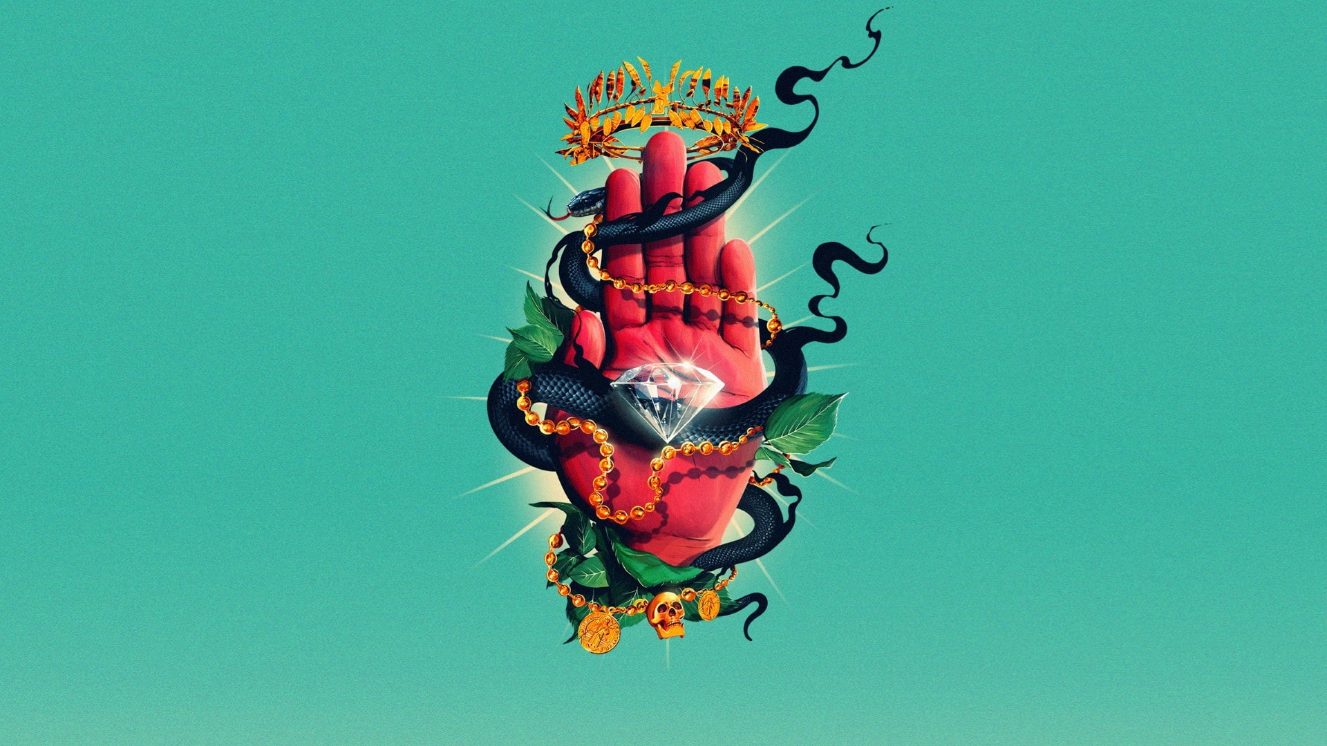 Album Covers, Diamonds, leaves, Blue Background, coins, Kill The Noise, skull, chains, hand, Simple Background, Crowns, 1080P, digital art, snake, music, HD Wallpaper