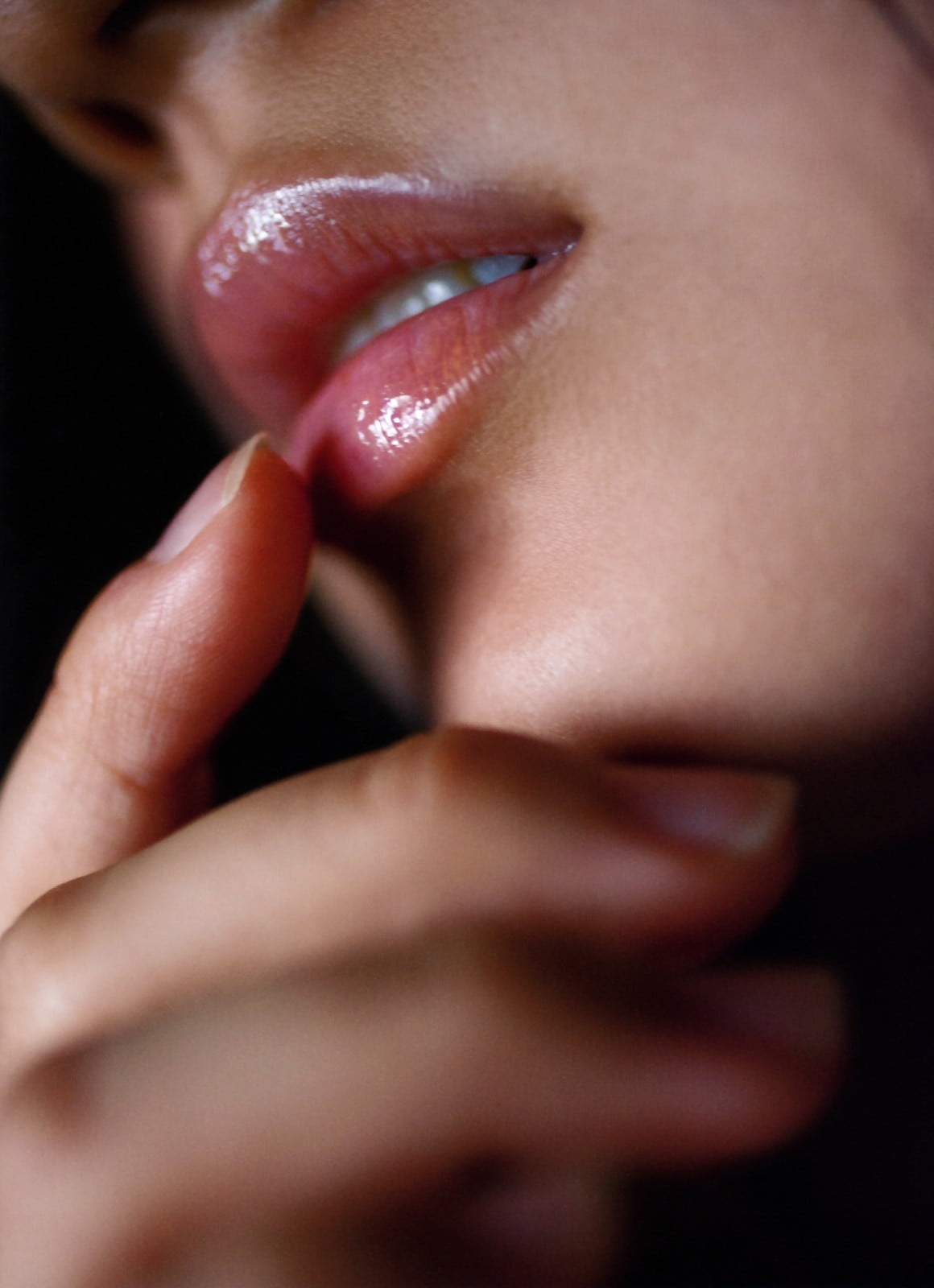 one person, chin, beautiful woman, women, Saaya Irie, finger, close-up, human mouth, left, body part, face, Asian, mouth open, hand, adult, lips, black background, Phone HD Wallpaper