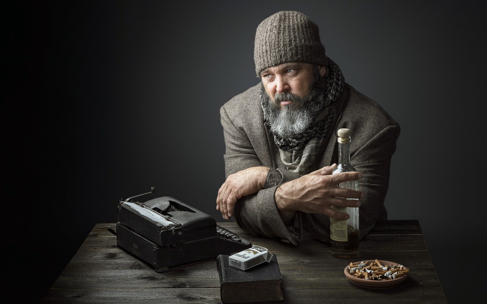 old people, table, indoors, black background, holding, knit hat, adult, portrait, clothing, looking at camera, real people, males, men, beard, mature men, HD Wallpaper