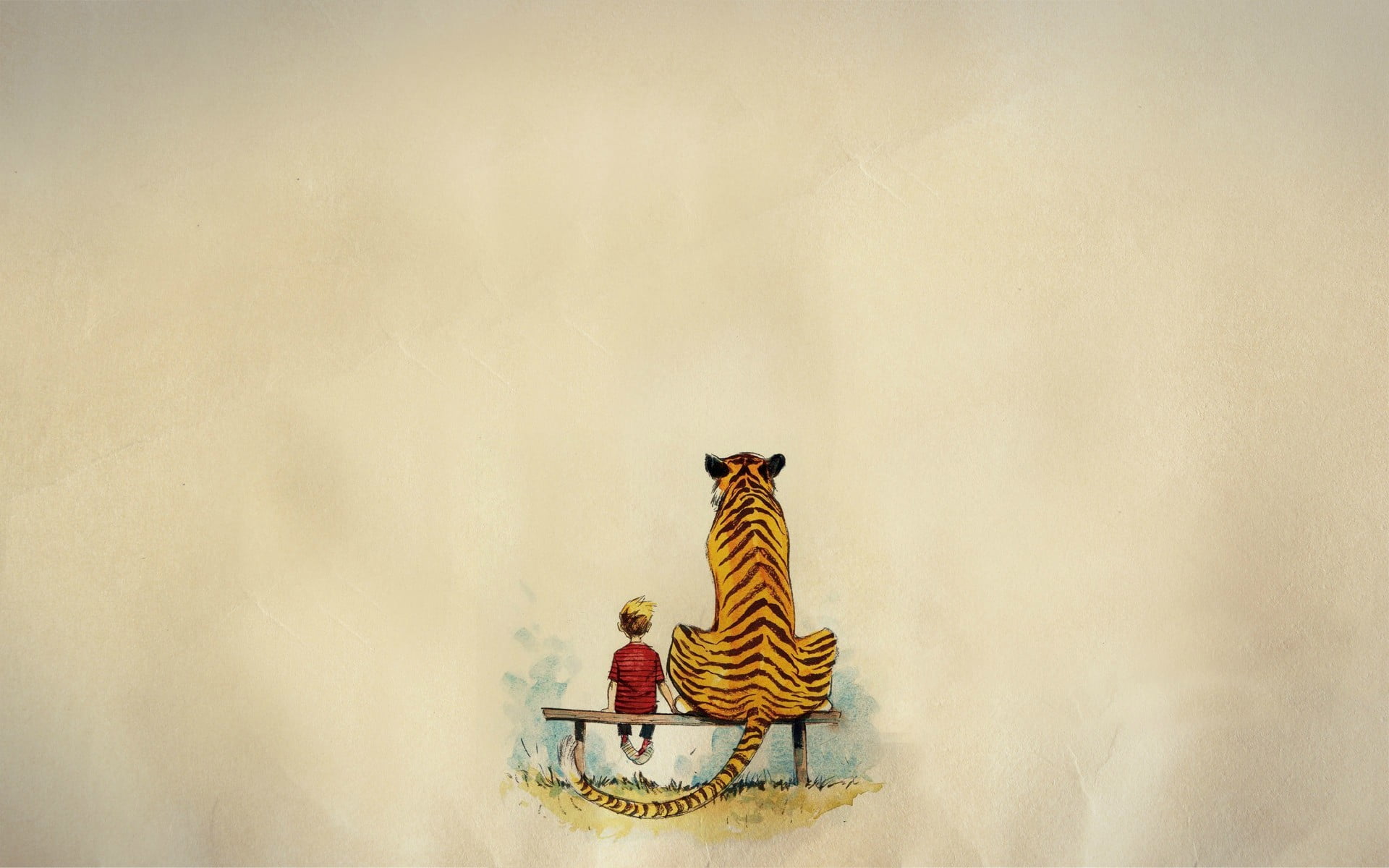 copy space, realistic, sitting, art and craft, day, tiger, artwork, architecture, religion, boy, still life, sculpture, 1080P, beside, Calvin and Hobbes, HD Wallpaper