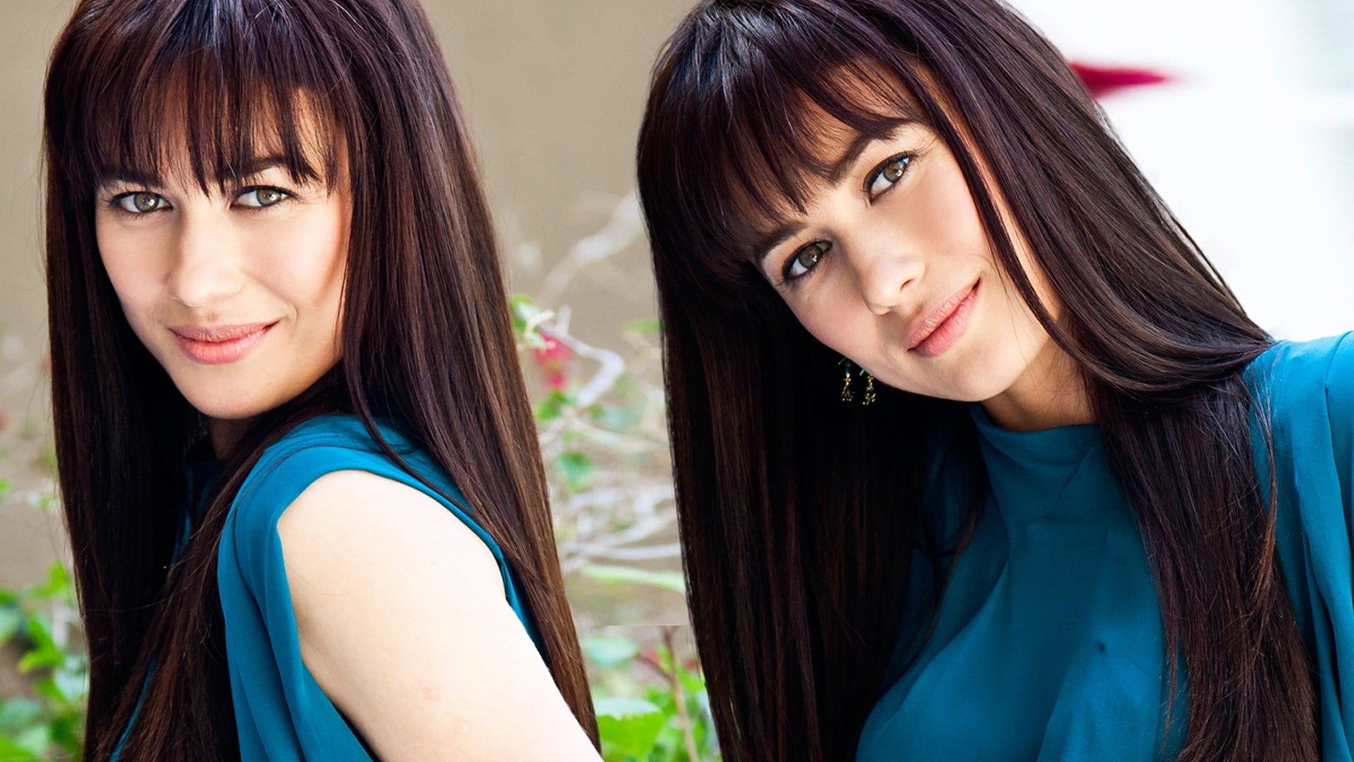 green eyes, Olga Kurylenko, 1080P, teenage girls, friendship, beautiful woman, collage, bare shoulders, hairstyle, looking at camera, portrait, beauty, HD Wallpaper