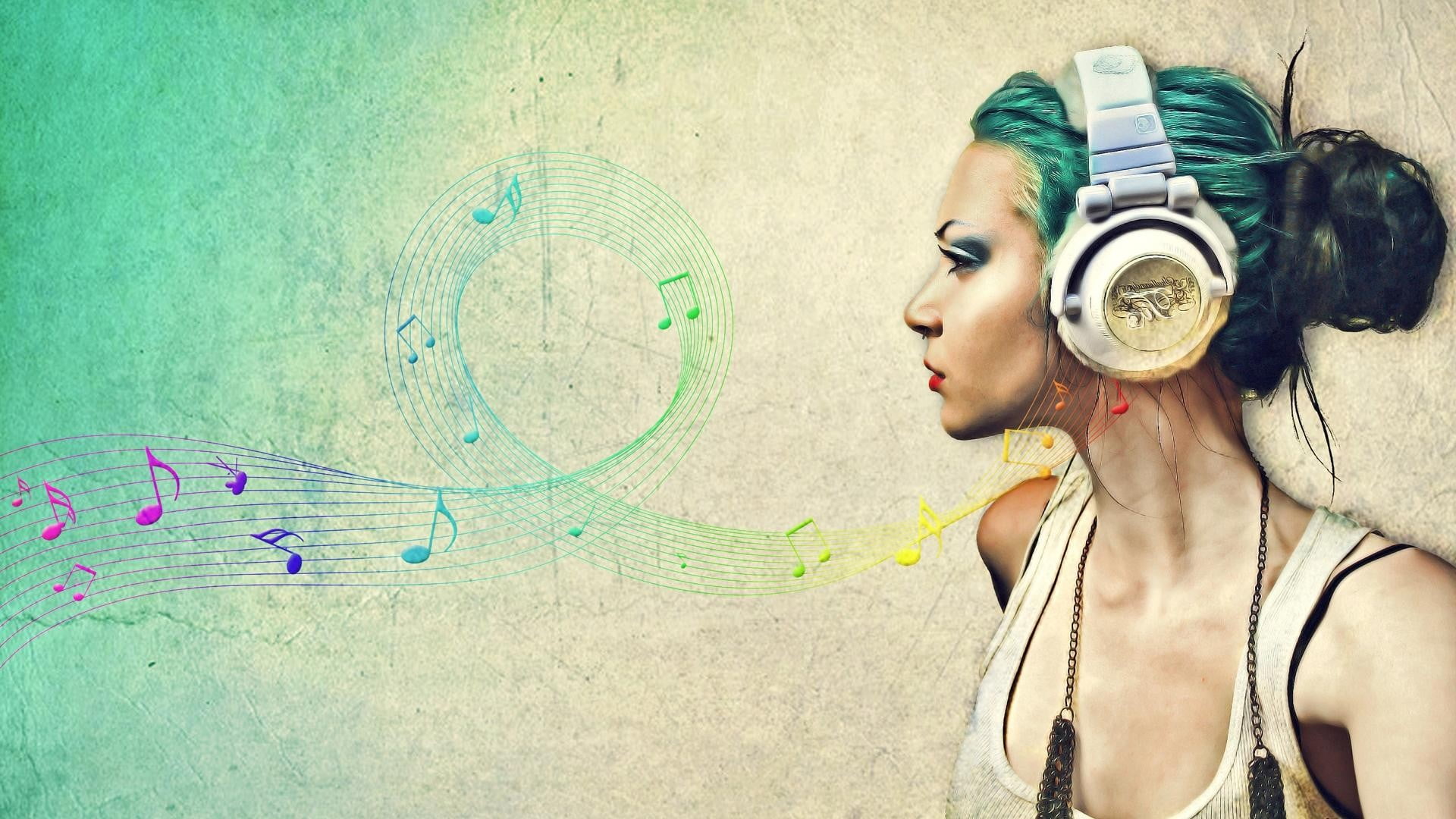 1080P, profile, listening, young women, indoors, headphones, artwork, real people, leisure activity, human face, headshot, digital art, green color, music, HD Wallpaper
