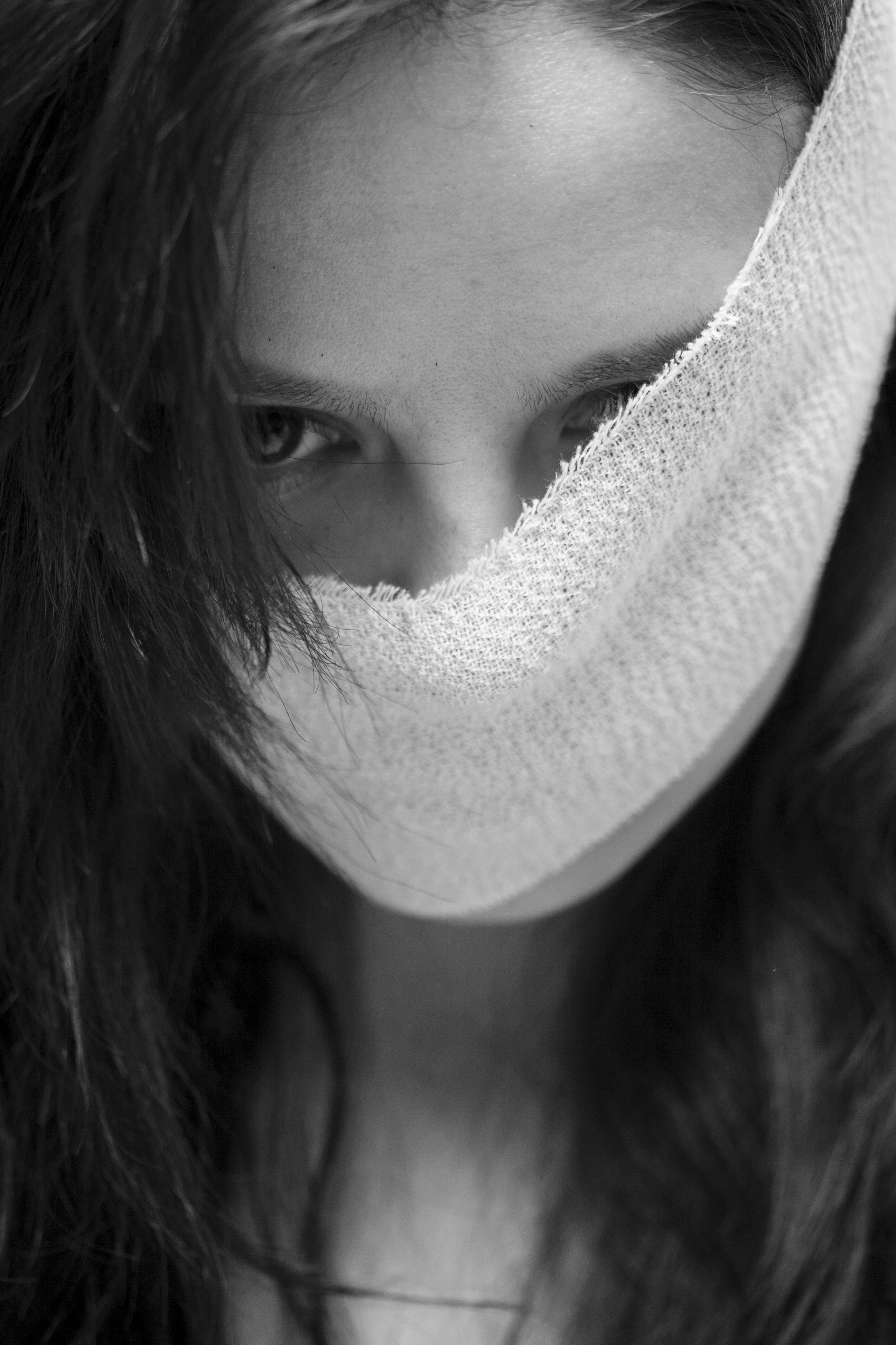 hair, young Adult, eyes, black and white, headshot, cloth, front view, greycale, mask, overview, photo, exposure, indoors, young model, fashion, fabric, Phone HD Wallpaper