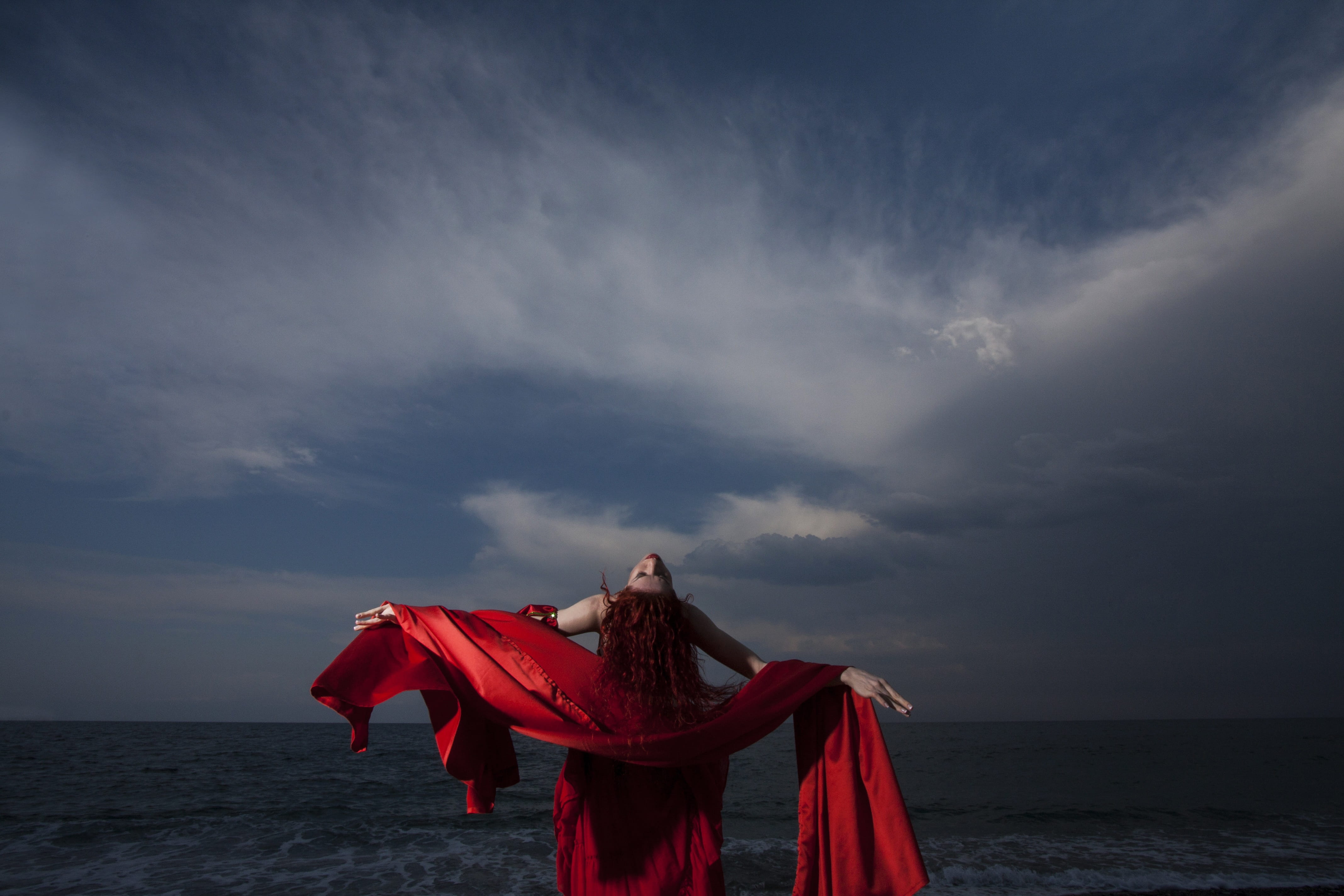 hairstyle, beauty, color image, horizon, dom, scarf, woman, sea, one person, design, cloudy, people, wind, girl, photography, beautiful, opinions, the young woman, HD Wallpaper