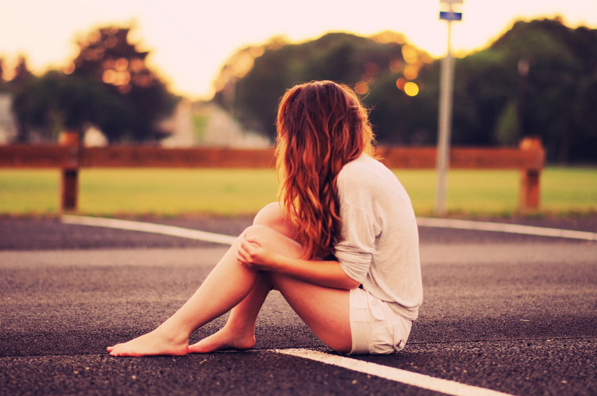 top, solitude, brown hair, full length, road, nature, depth of field, hair, focus on foreground, s, young adult, women, A Beautiful Mind, teenager, casual clothing, HD Wallpaper