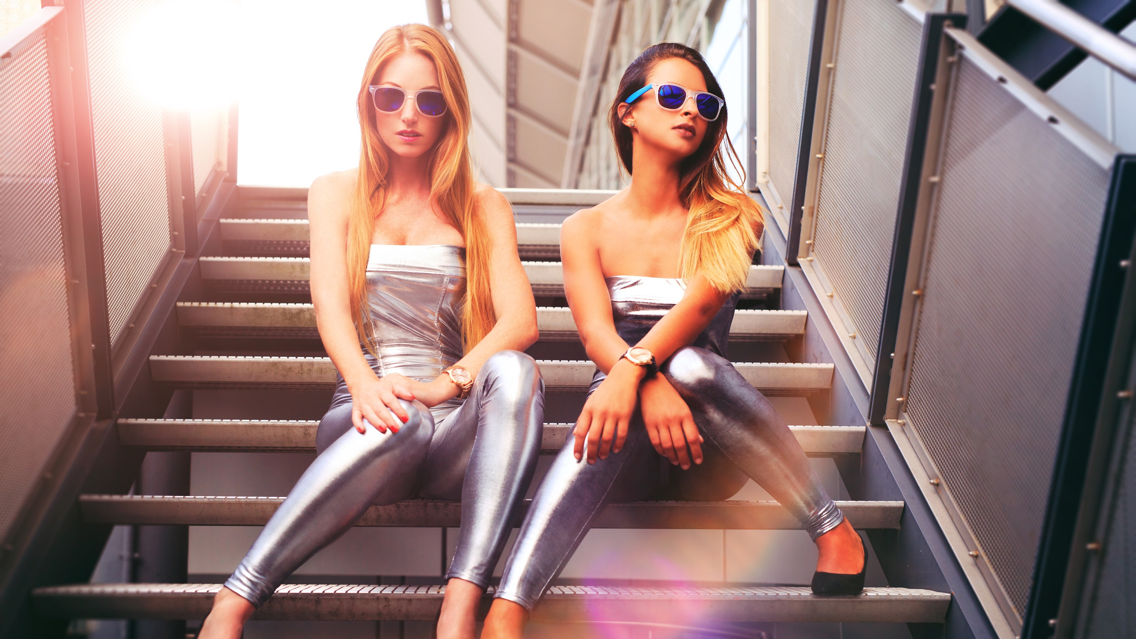 Glasses, Sit, Blonde, Silver, Stairs, 4K, Girls, Dress, HD Wallpaper
