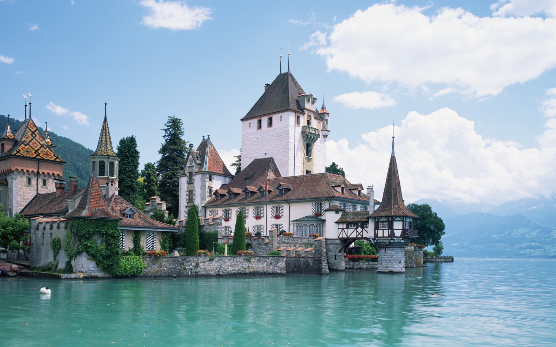 1080P, landscape, white, concrete, tower, cityscape, waterfront, little, Cityscapes, spirituality, cloud - sky, nature, spire, architecture, water, place of worship, HD Wallpaper